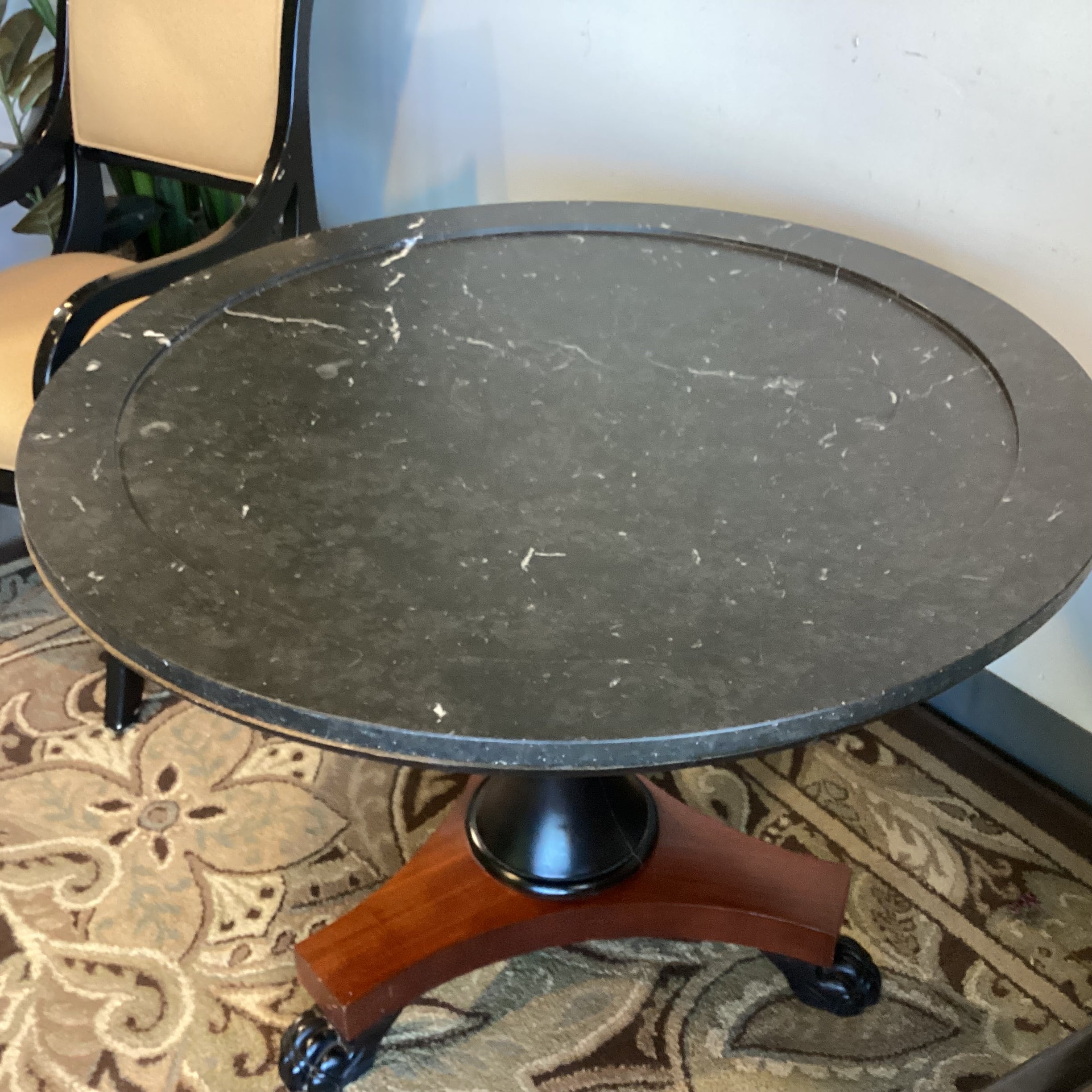Ralph Lauren Round Black Marble Mahogany Pedestal with Carved Paw Feet Foyer Accent Table 38.5" Diameter x 28"