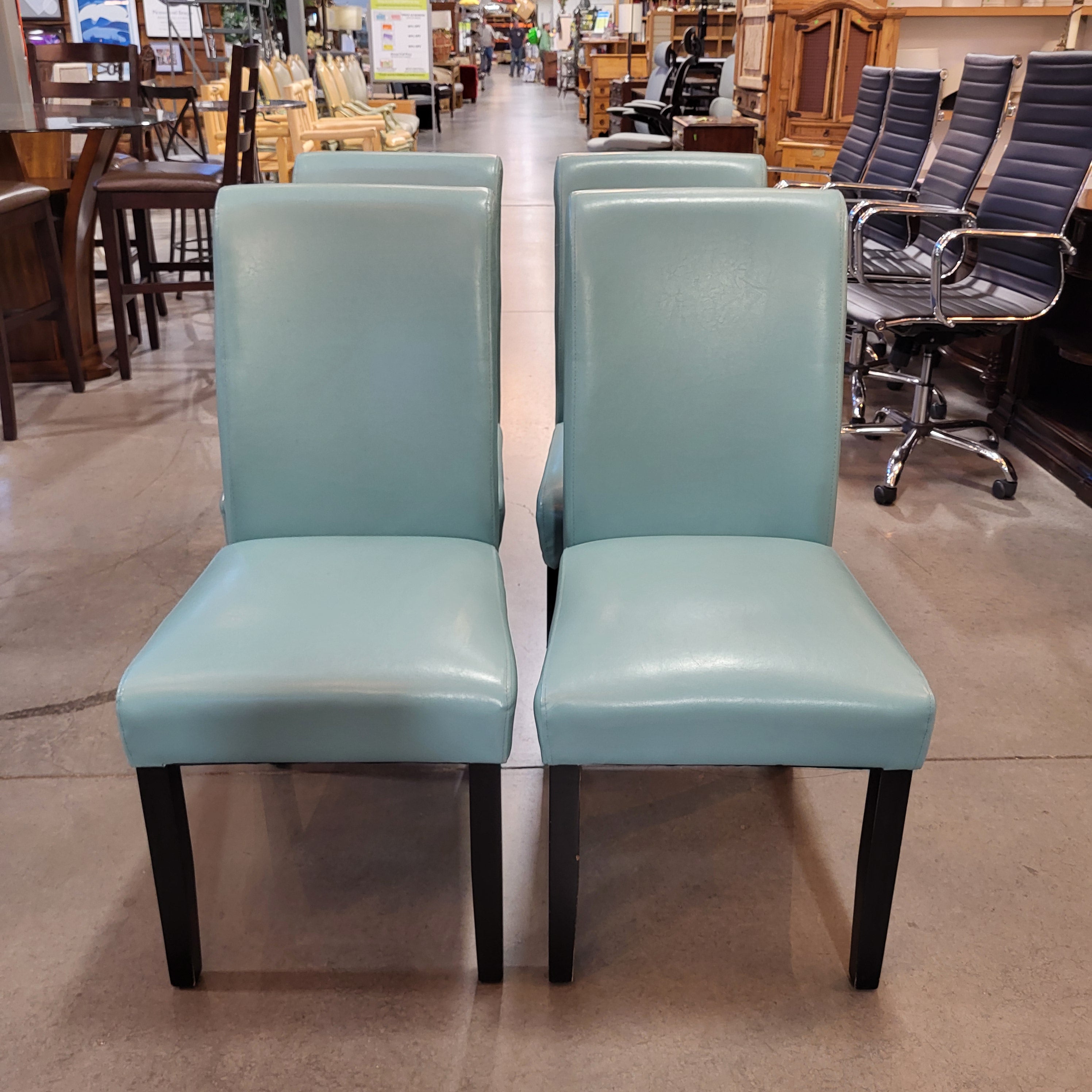 SET of 4 Aqua Faux Leather & Dark Wood Dining Chairs 19"x 25"x 38.5"