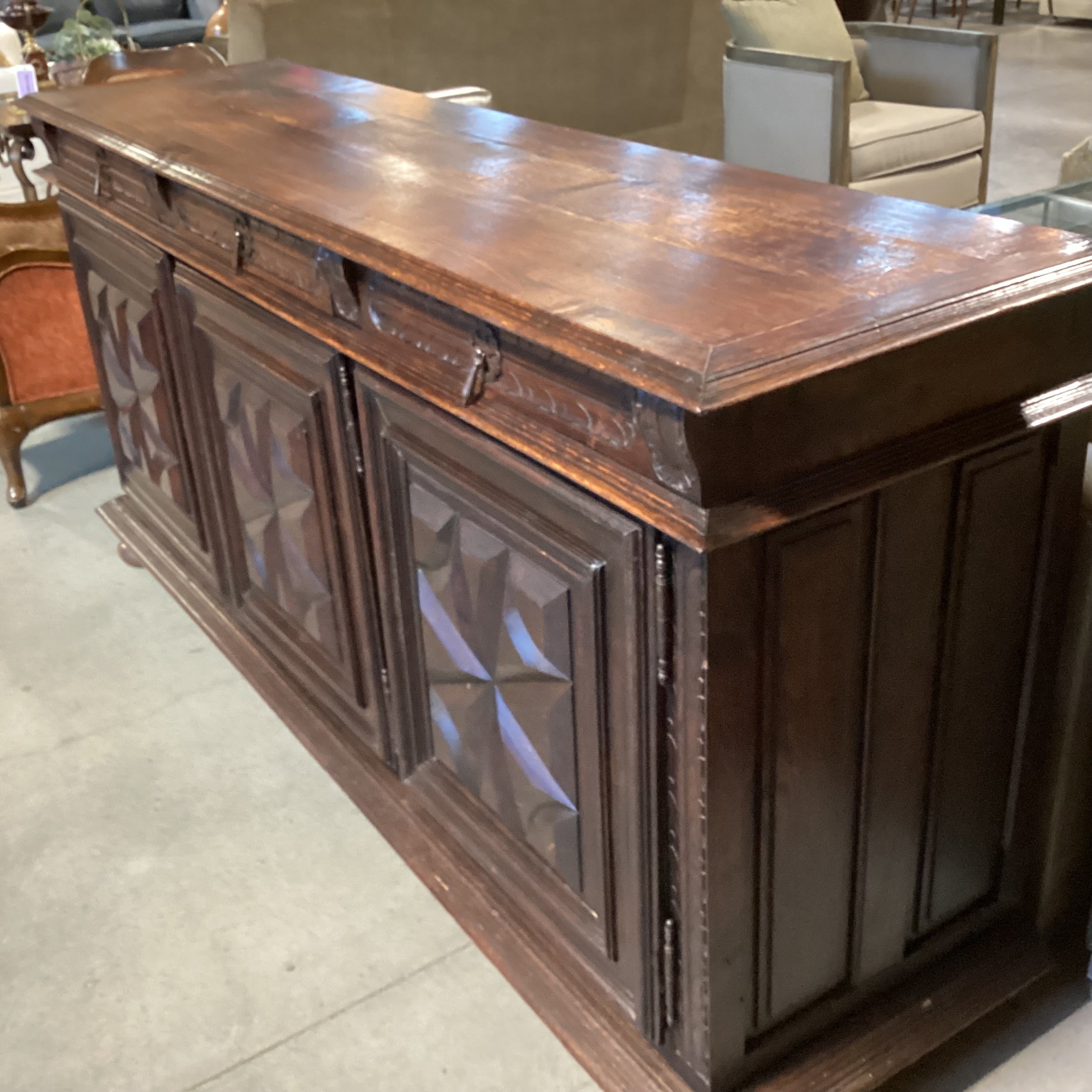 Antique Solid Carved Finished Oak 3 Drawer 3 Door Credenza 83"x 22"x 39"