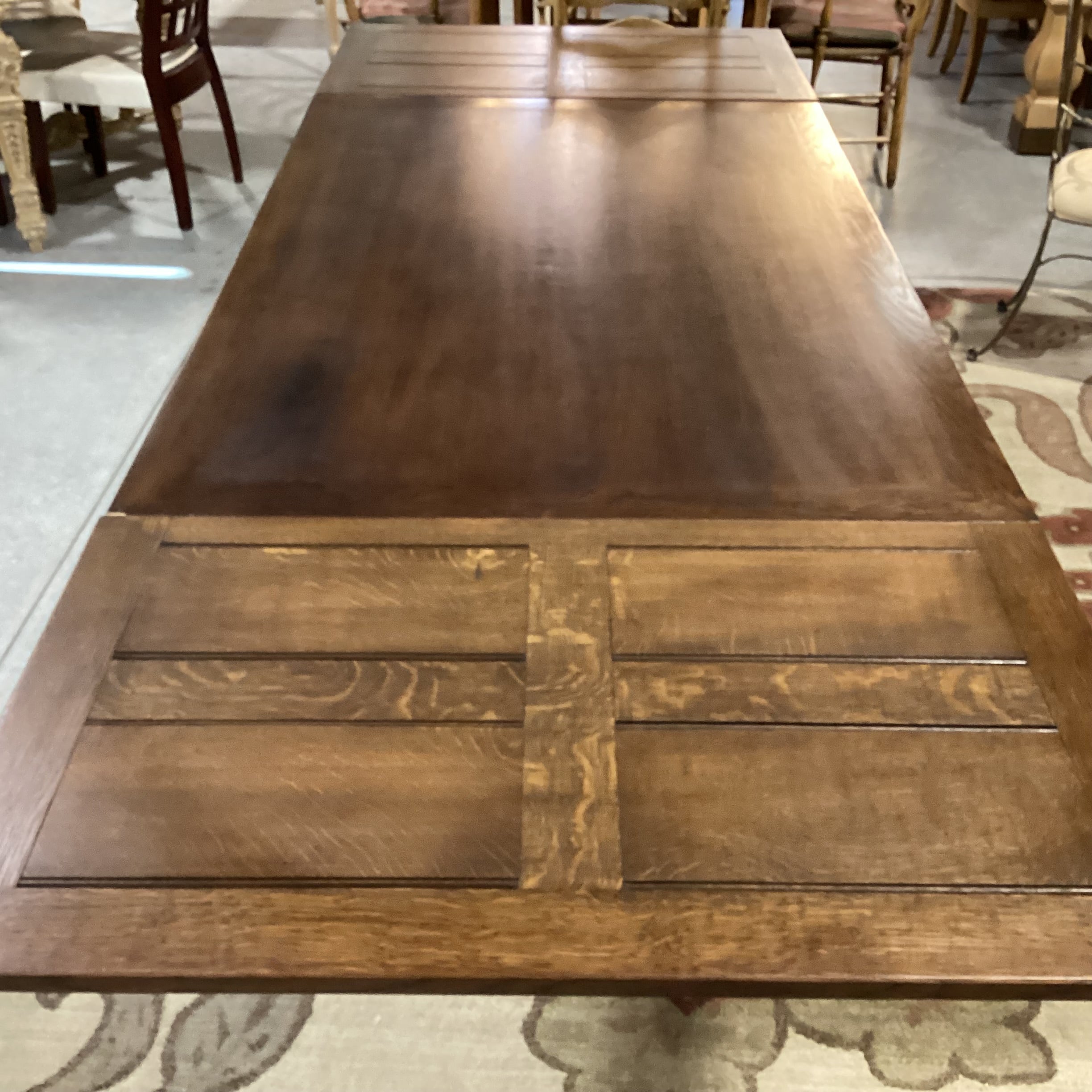 Antique Oak with Ornate Carved Trestle & 2 Extended End Leaves Dining Table 59" to 104"x 39"x 31"
