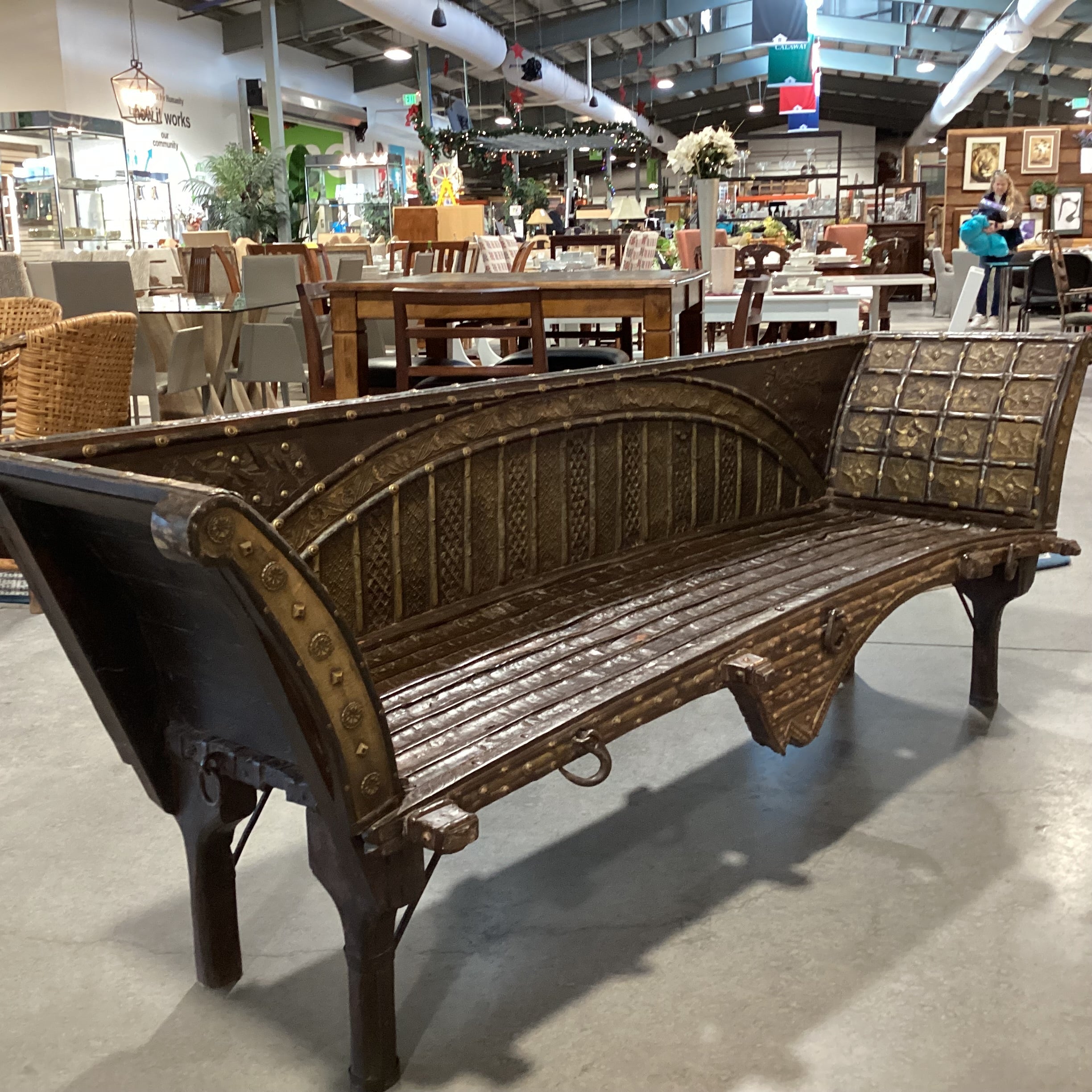 Antique Mogul or Bullock  OX Cart Wood Iron & Brass Bench 92"x 26"x 32"
