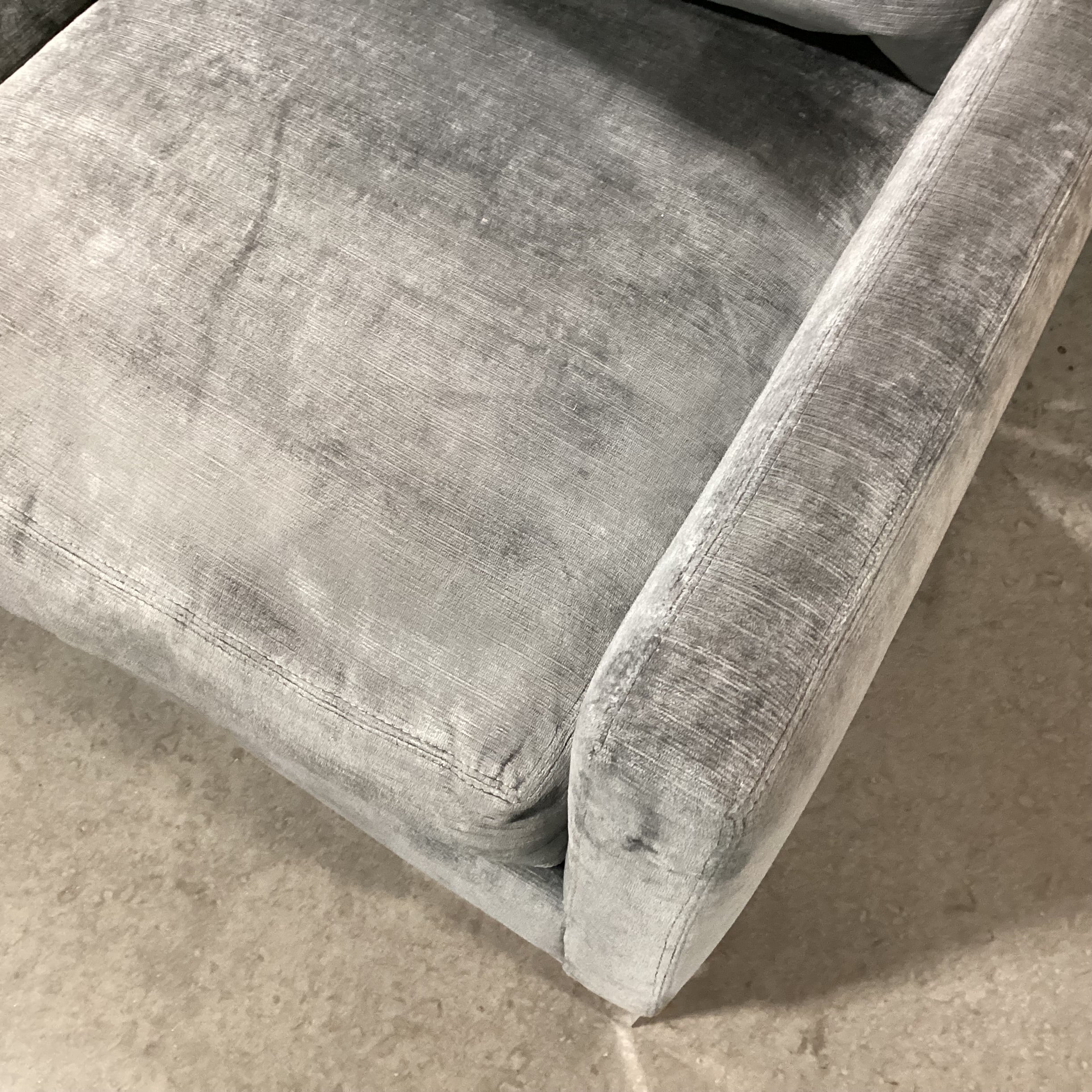 Lee Industries Custom Blue Grey Textured Velvet Down Mix & Chrome Modern Sofa 107"x 36"x 34"