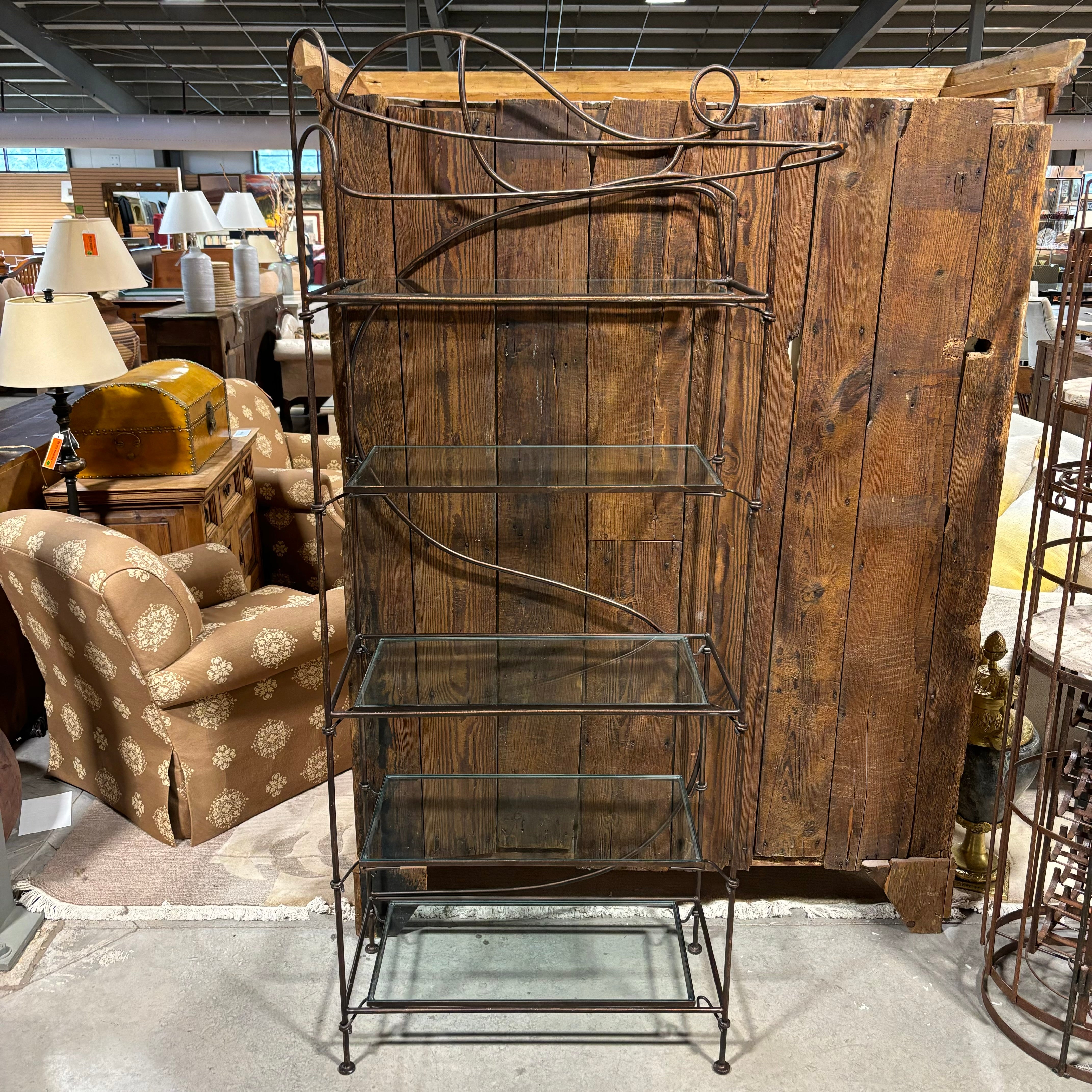 Ornate Wrought Iron & Glass 5 Shelf Display Bookshelf 38"x 19"x 81"