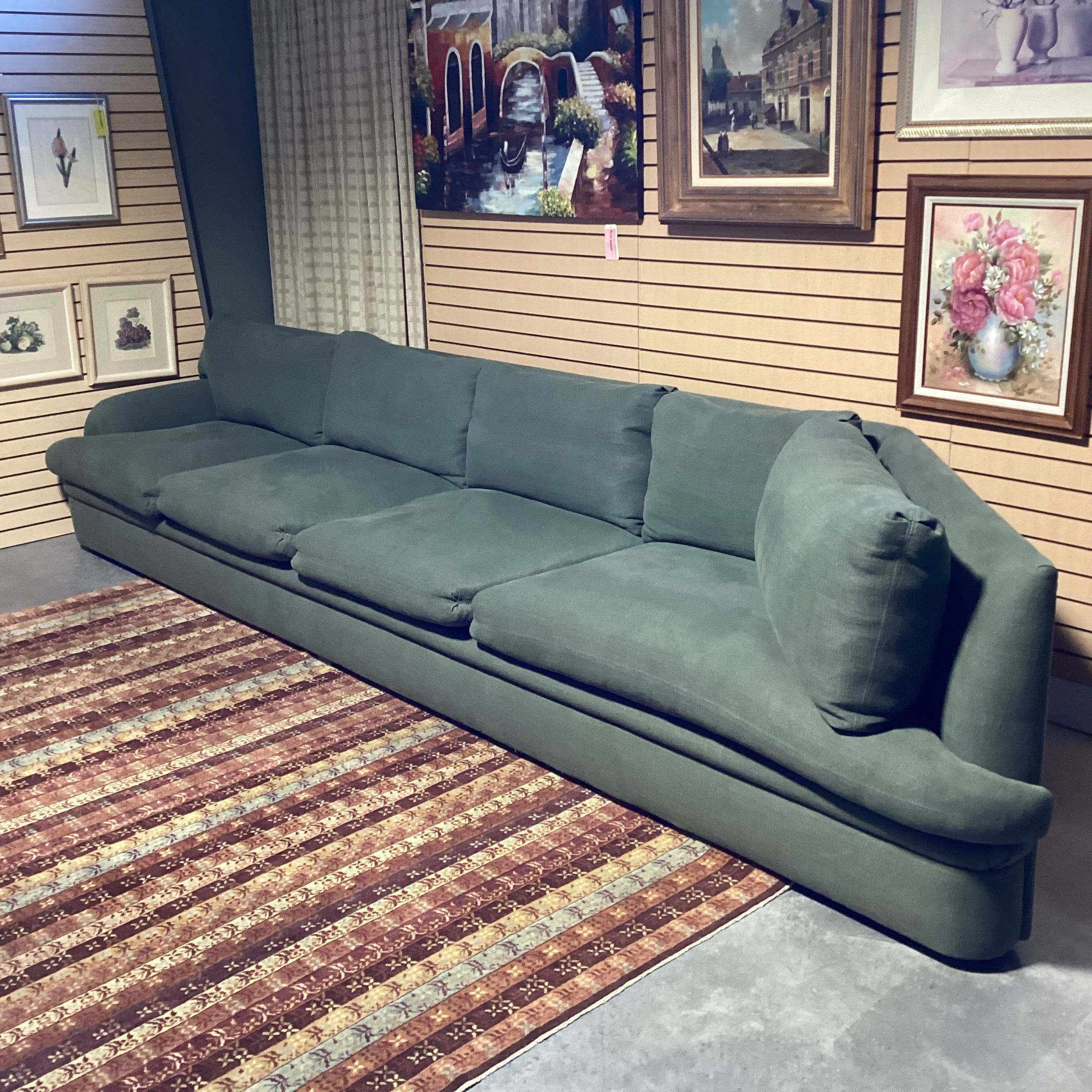 Custom Sage Belgian Linen & Down Angled Side Detail Sofa 170"x 42"x 33"