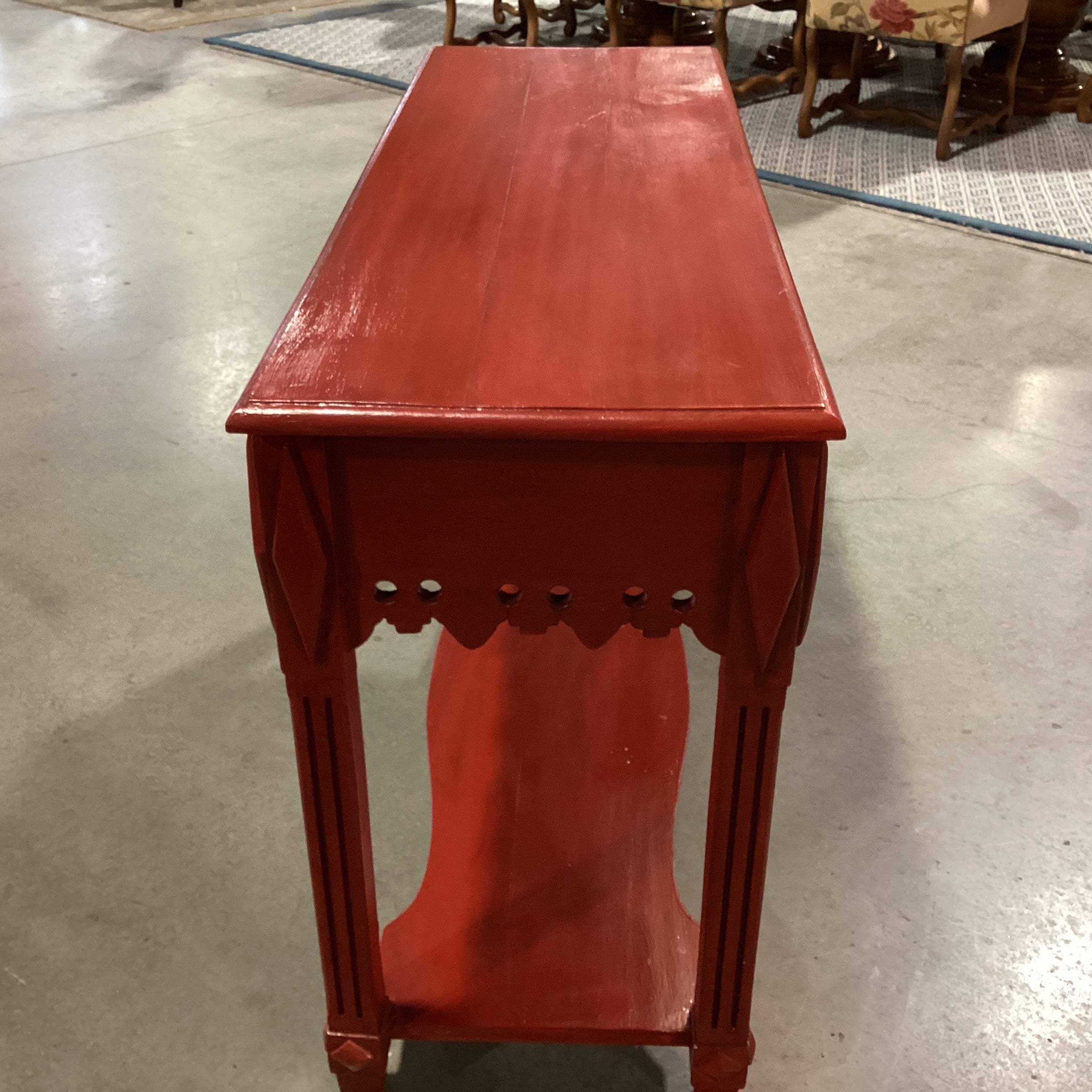 Red Finished Carved Wood 2 Drawer with Bottom Shelf Sofa Table 47"x 17"x 30"