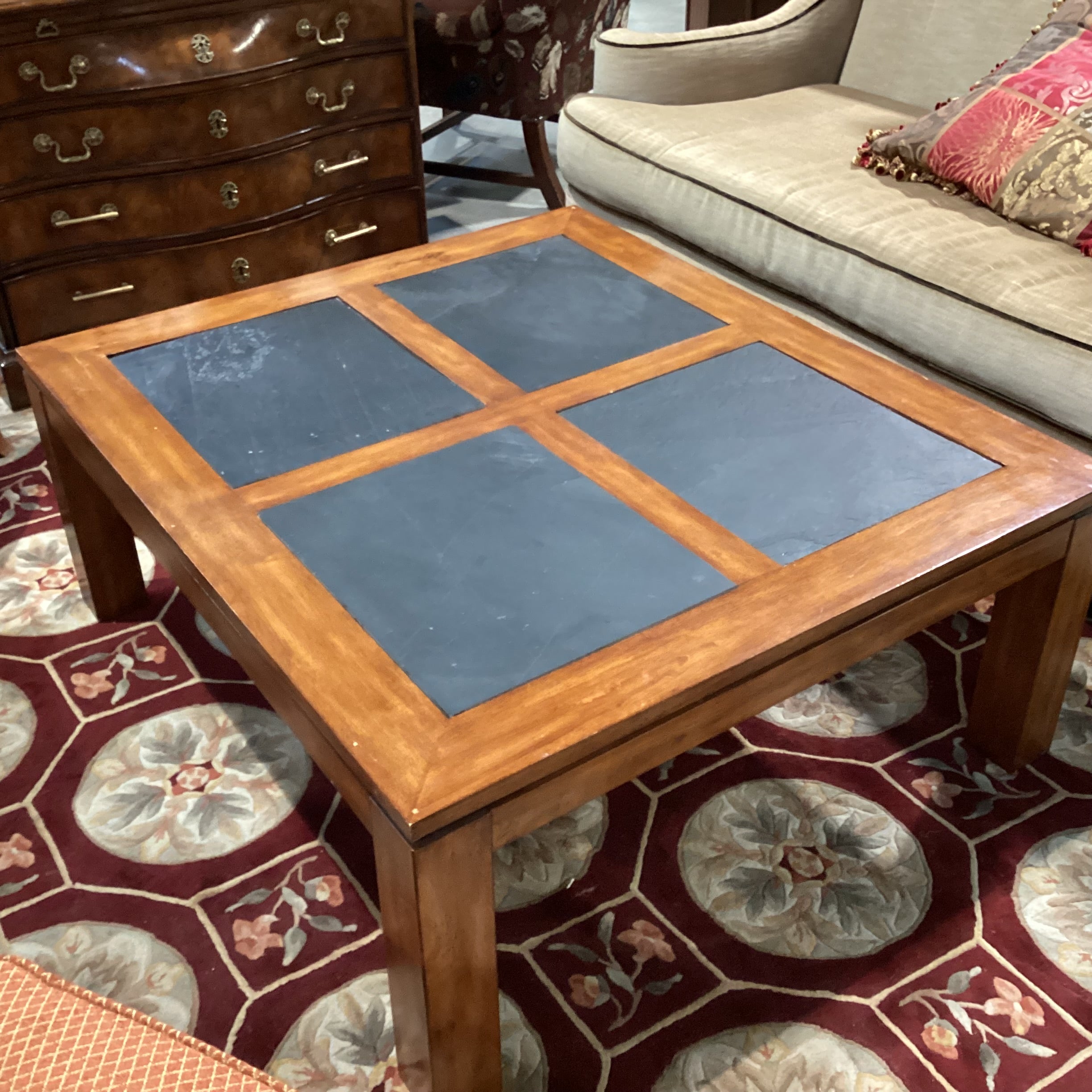 Finished Wood with Slate Tile Inset Coffee Table 42"x 48"x 19"