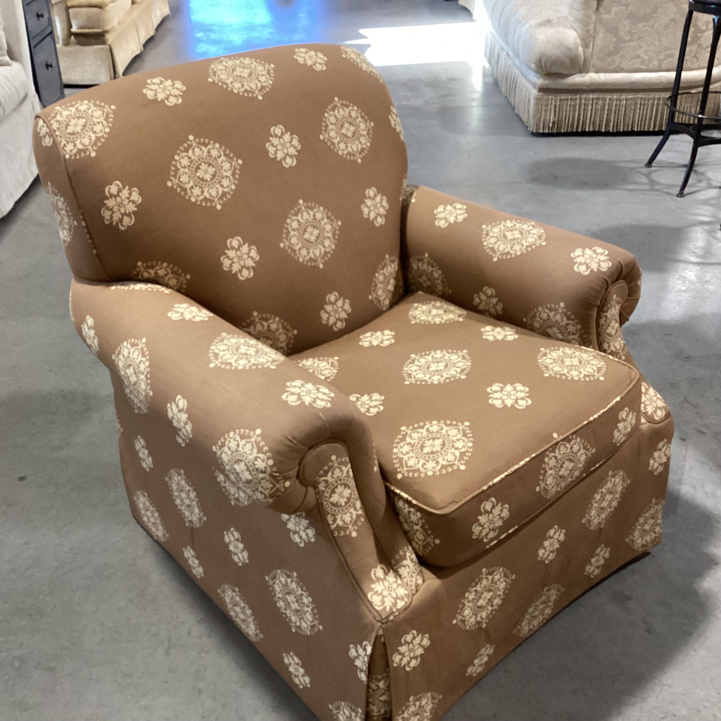 Kravet Furniture Custom Brown with Gold Floral Medallion Swivel Chair 36"x 36"x 36"