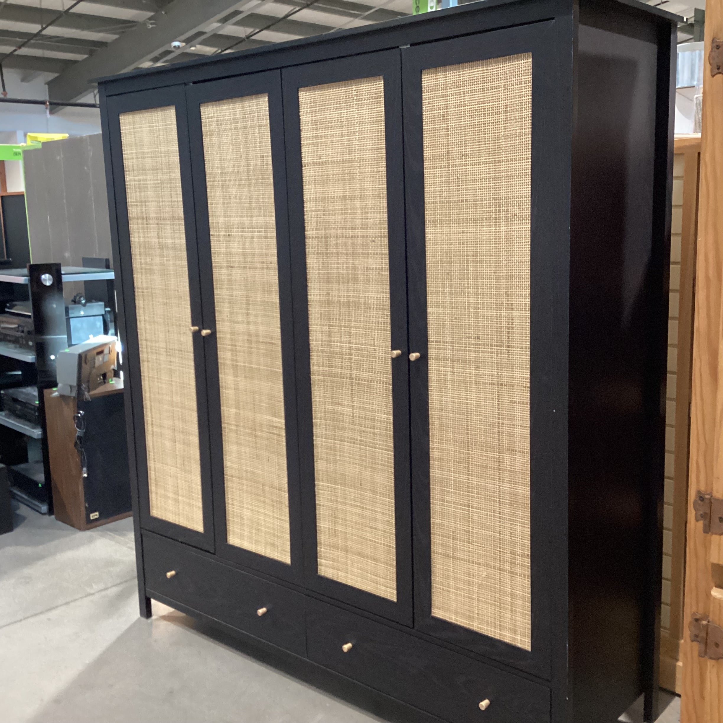Ebony Finished Wood Style Laminate Veneer Rattan Woven 4 Door 2 Drawer Wardrobe Armoire 68"x 22"x 72.5"