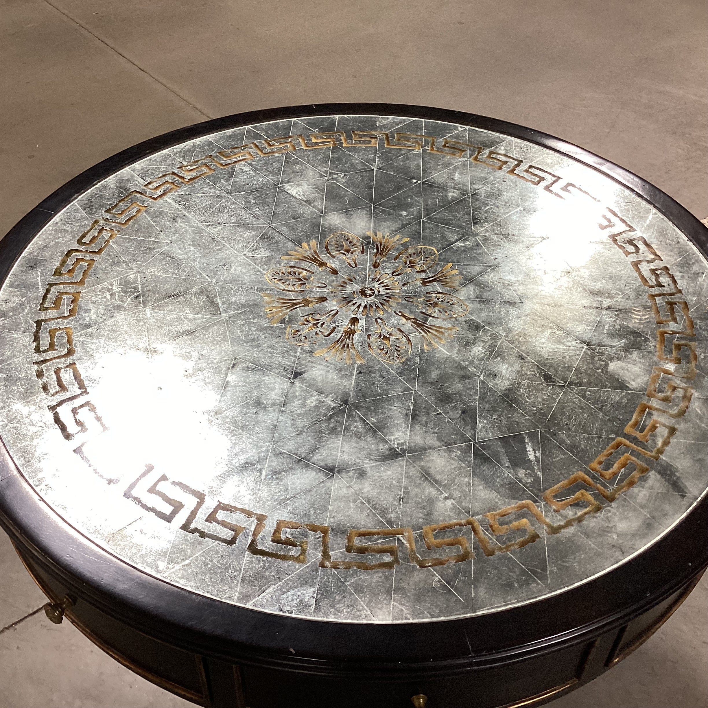 Black Gilded Gold Accent Wood & Gold Silver Antiqued Glass Top 4  Drawer with Casters Accent Table 37" Diameter x 30.5"