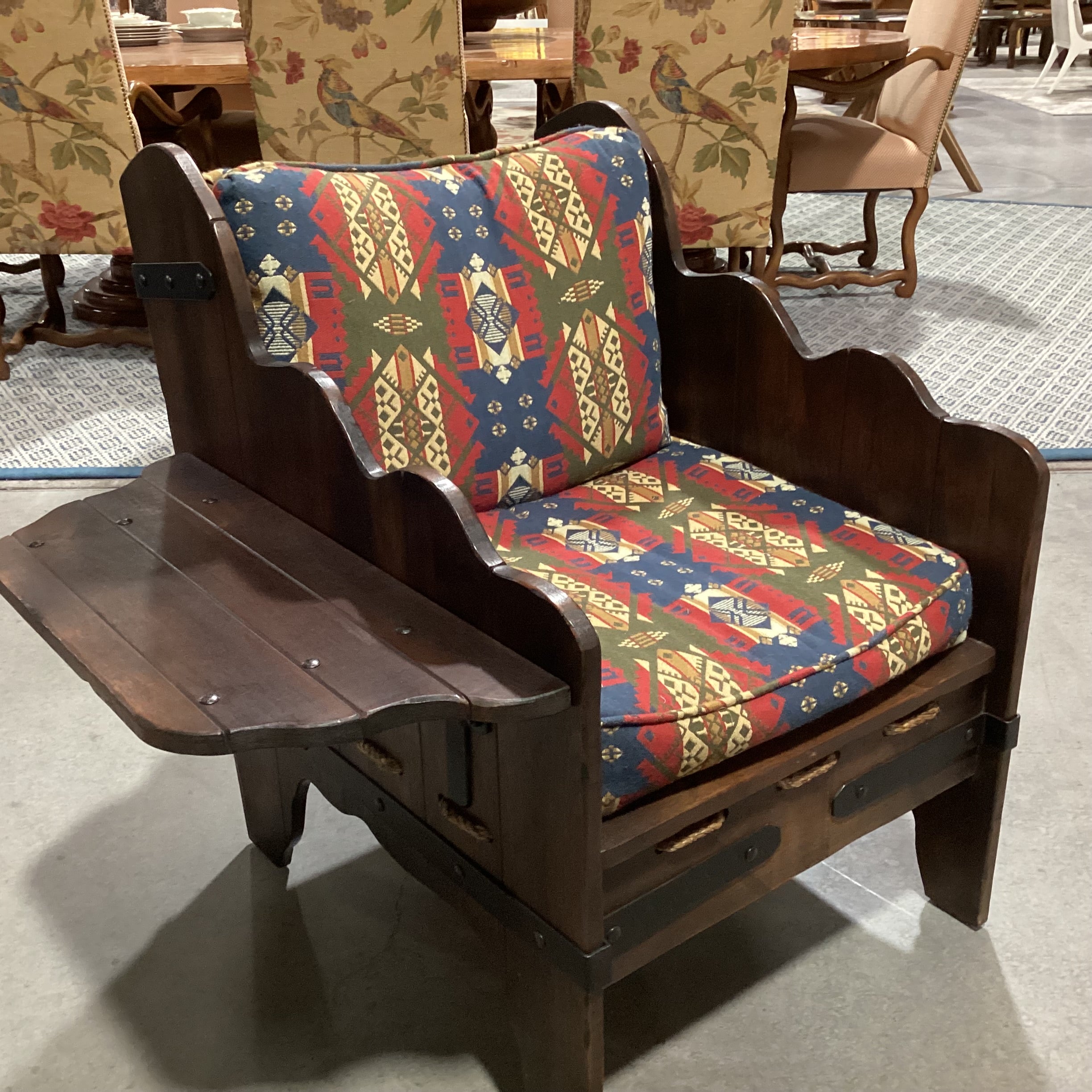 Art in Fine Forms Custom Dark Finish Plank Wood Iron & Rope Southwest Cushions with Side Table Chair 35"x 31"x 34"