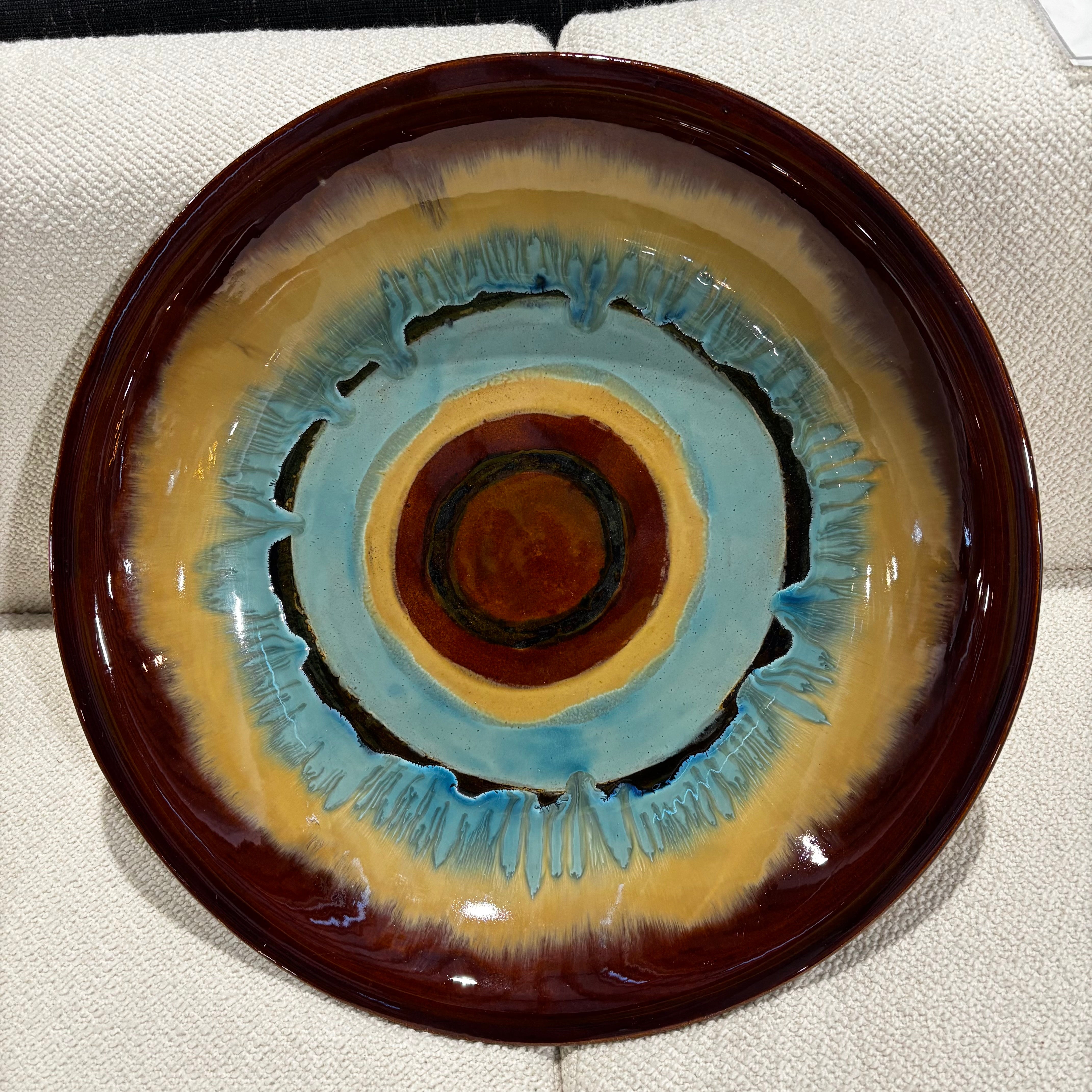 Mystical Ceramic Hand-Painted Glazed Signed Bowl 19.5"x 3.5"