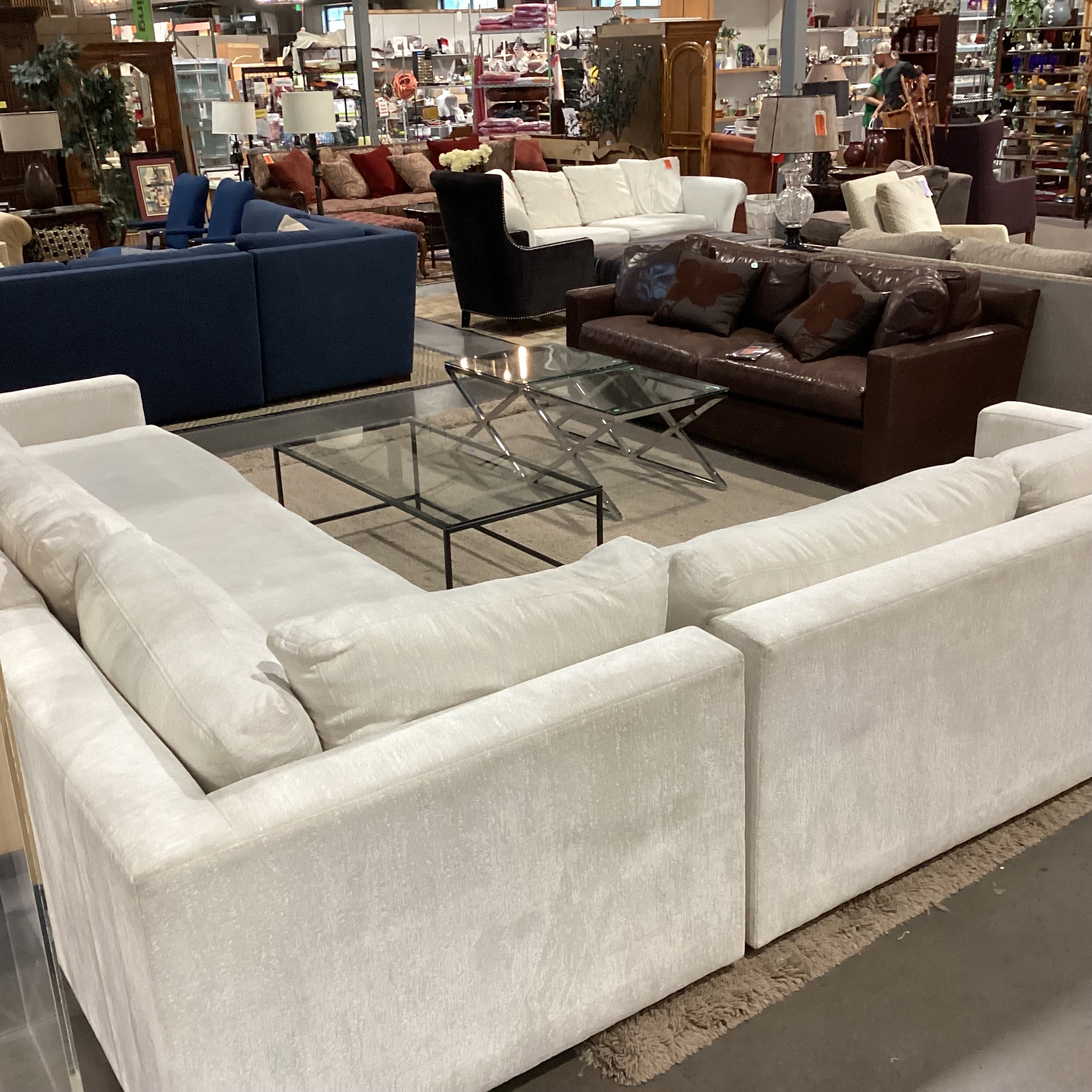 Custom Ivory Raised Texture Velvet Down Mix 3 Piece Sectional 146"x 134"x 45"x 29"