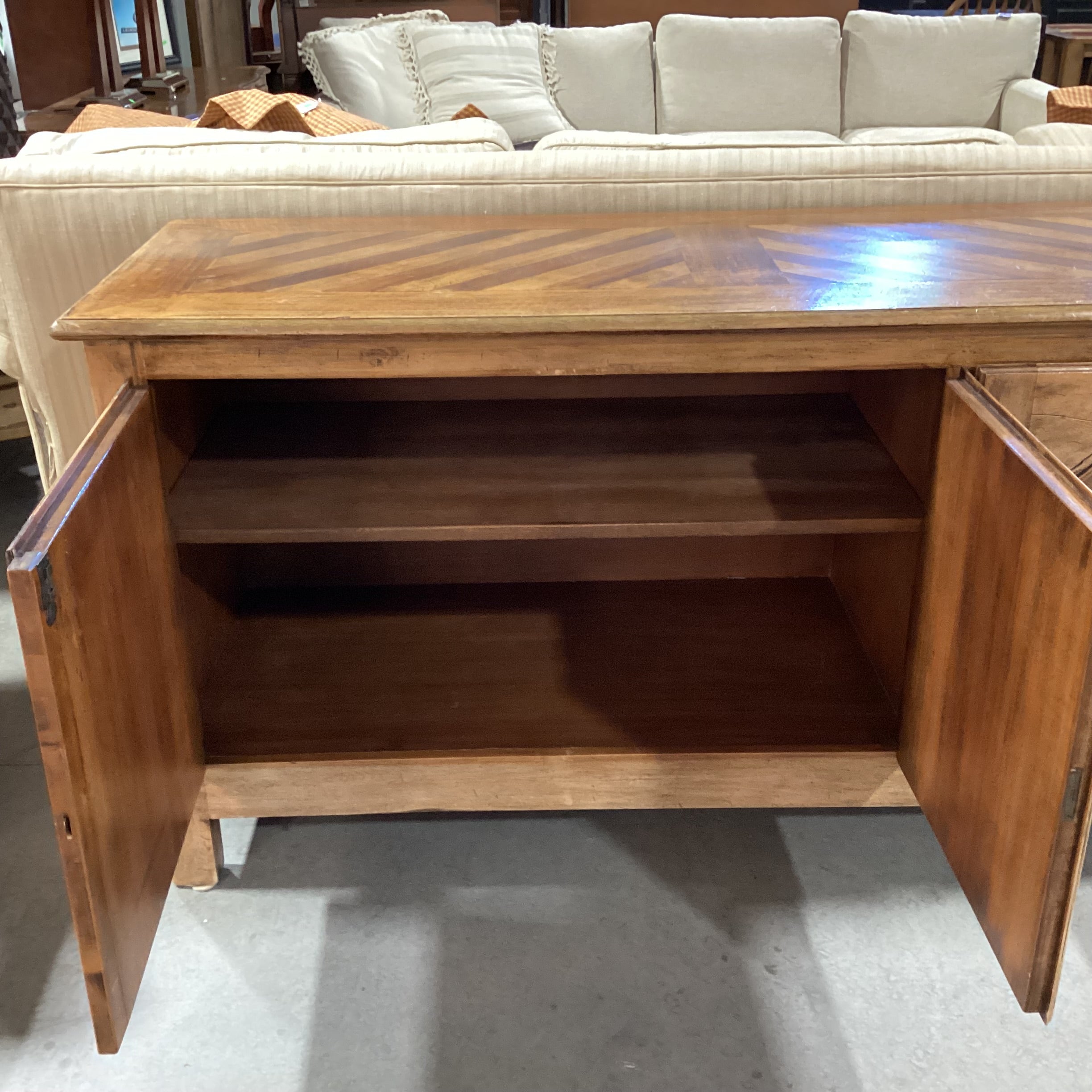 Distressed Finished Wood with Matched Chevron Detail 3 Door 4 Drawer & Shelves Sideboard 70"x 24"x 36"