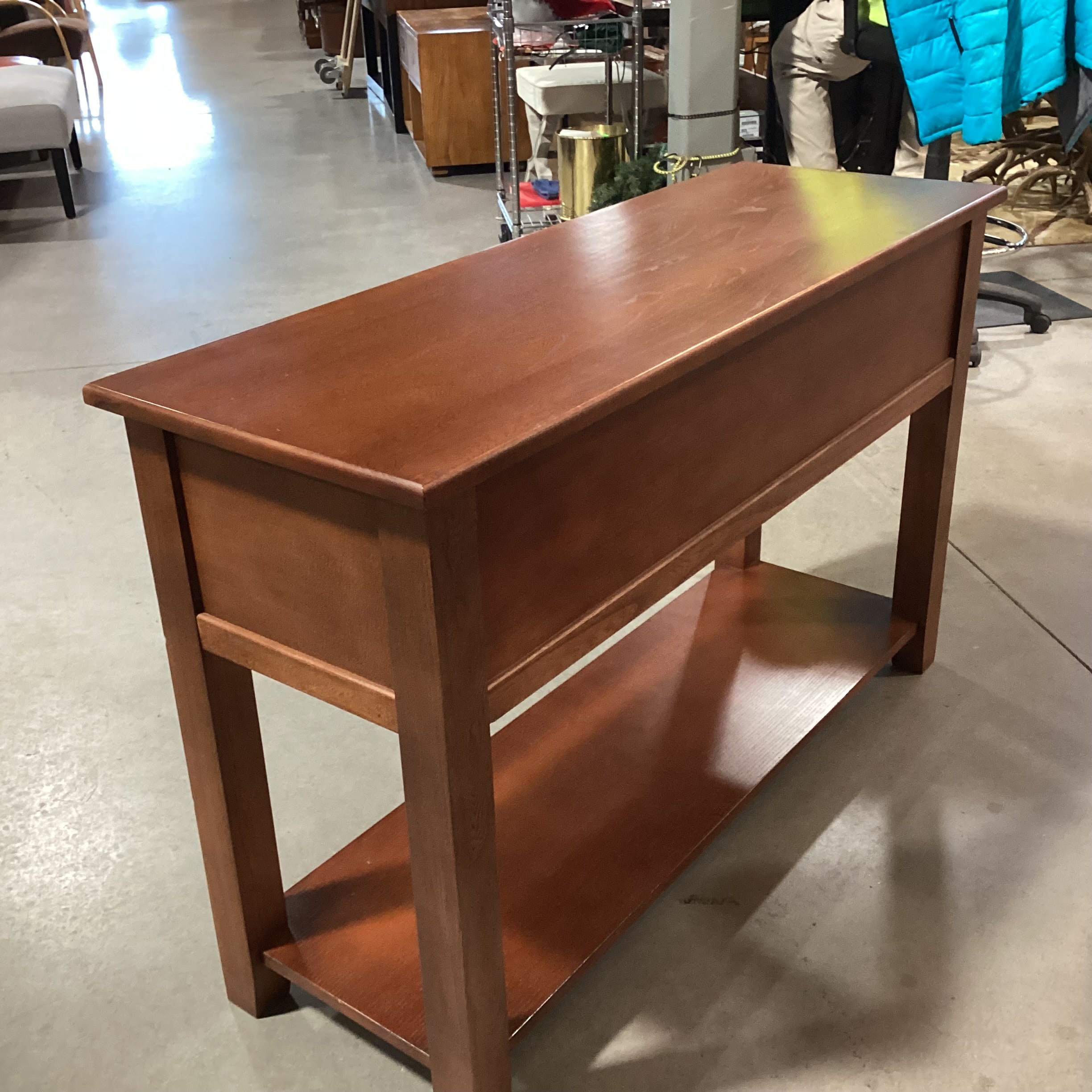 Finished Oak Flip Down Paned Glass Door & Bottom Shelf Console 46"x 16"x 29.5"