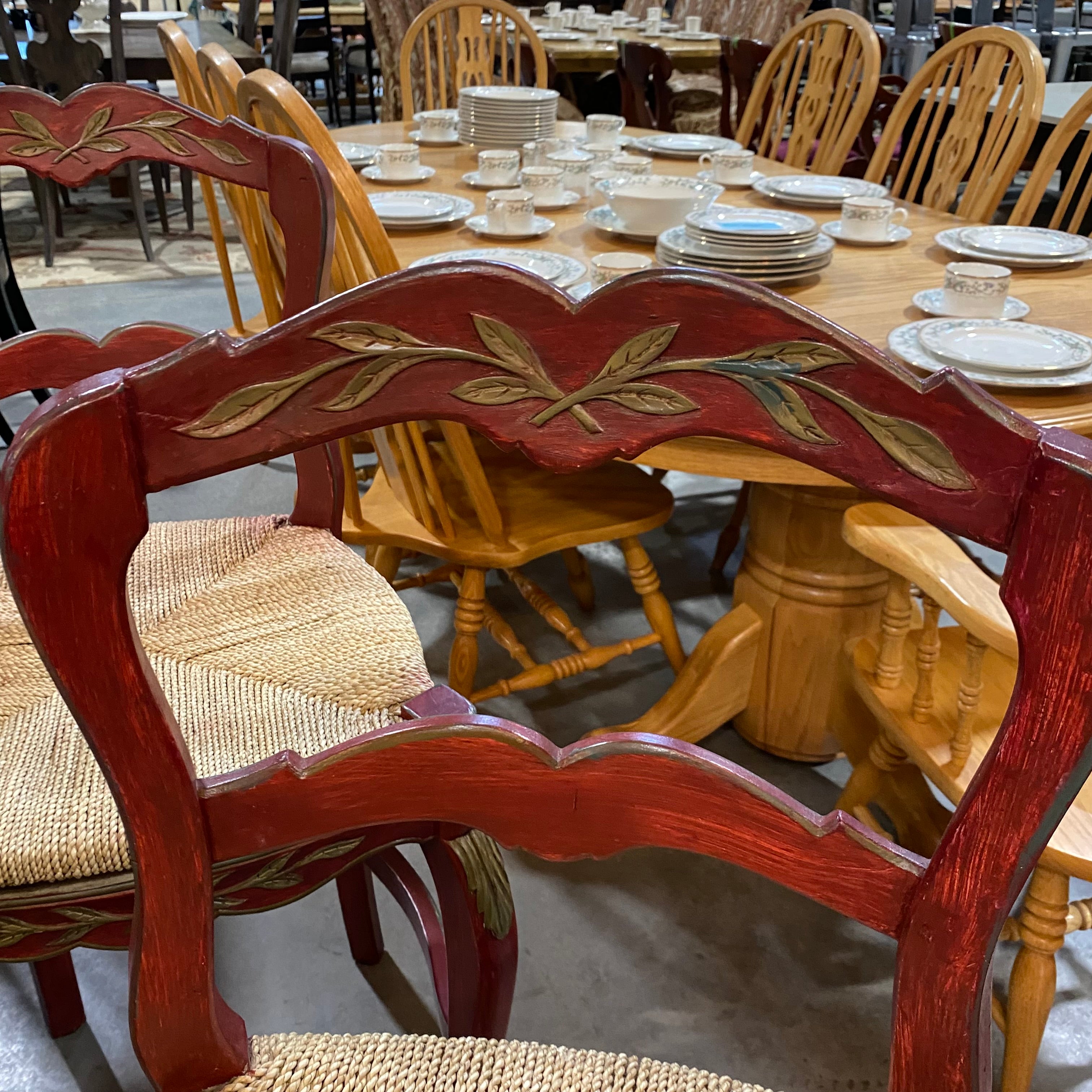 Set of 4 Red Varnished Rush Seat Gold Carved Accents Counter Bar Stool 42"x 18"x 18"