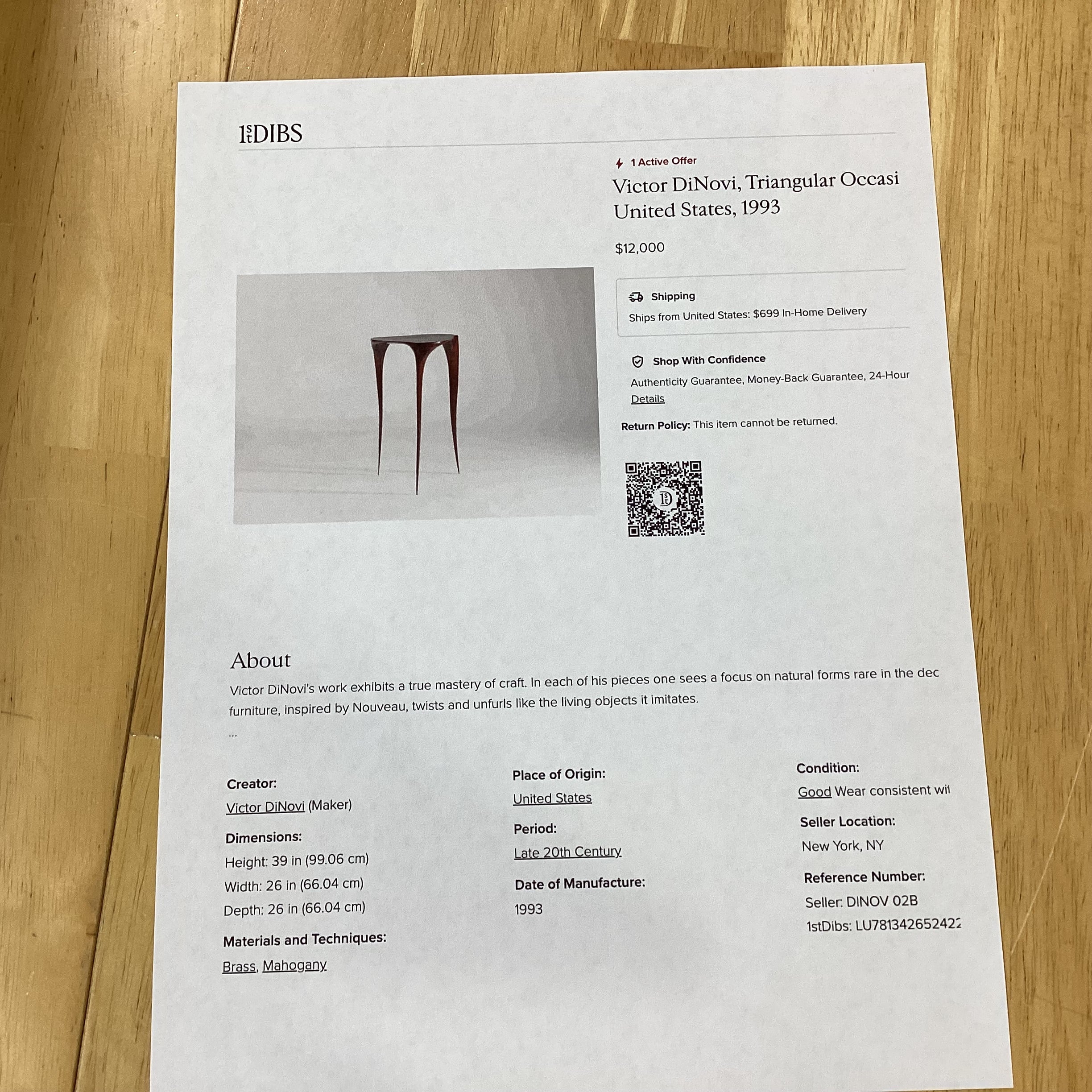 Victor Dinovi 1999 Walnut Triangular Accent Table 24"x 24"x 40"