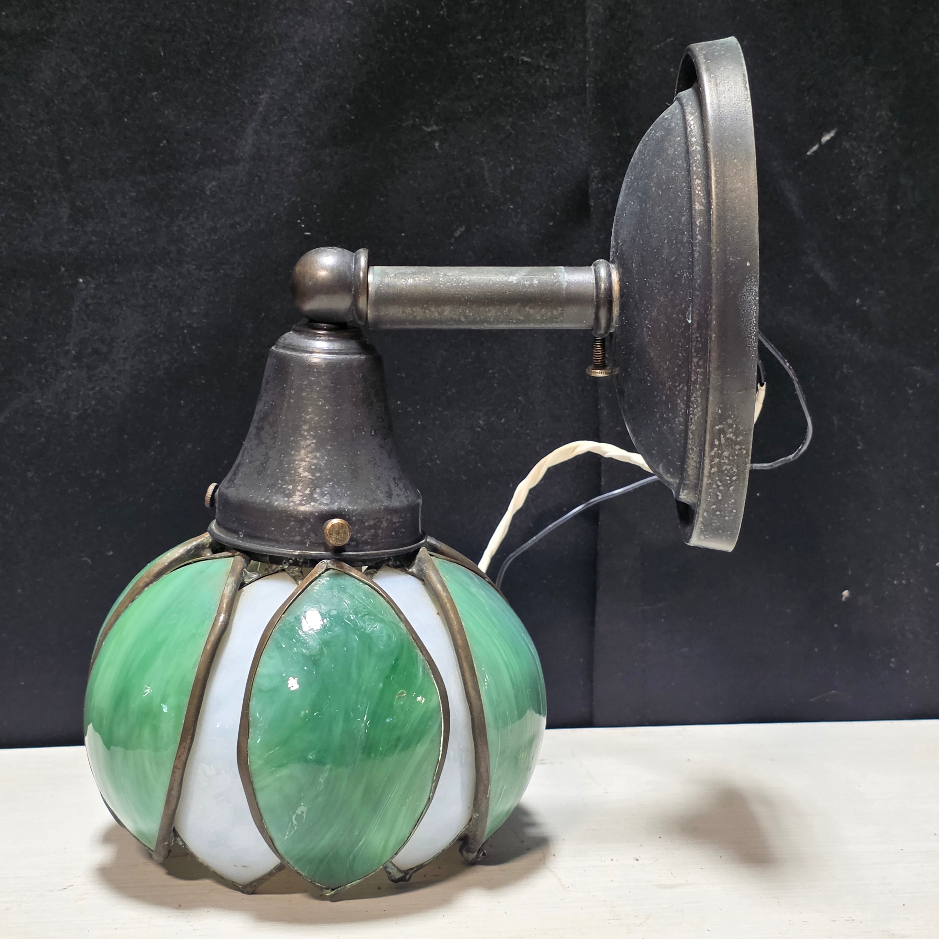Art Nouveau Antique Slag Glass White and Green Tulip Sconce 6"x8"x10.5"
