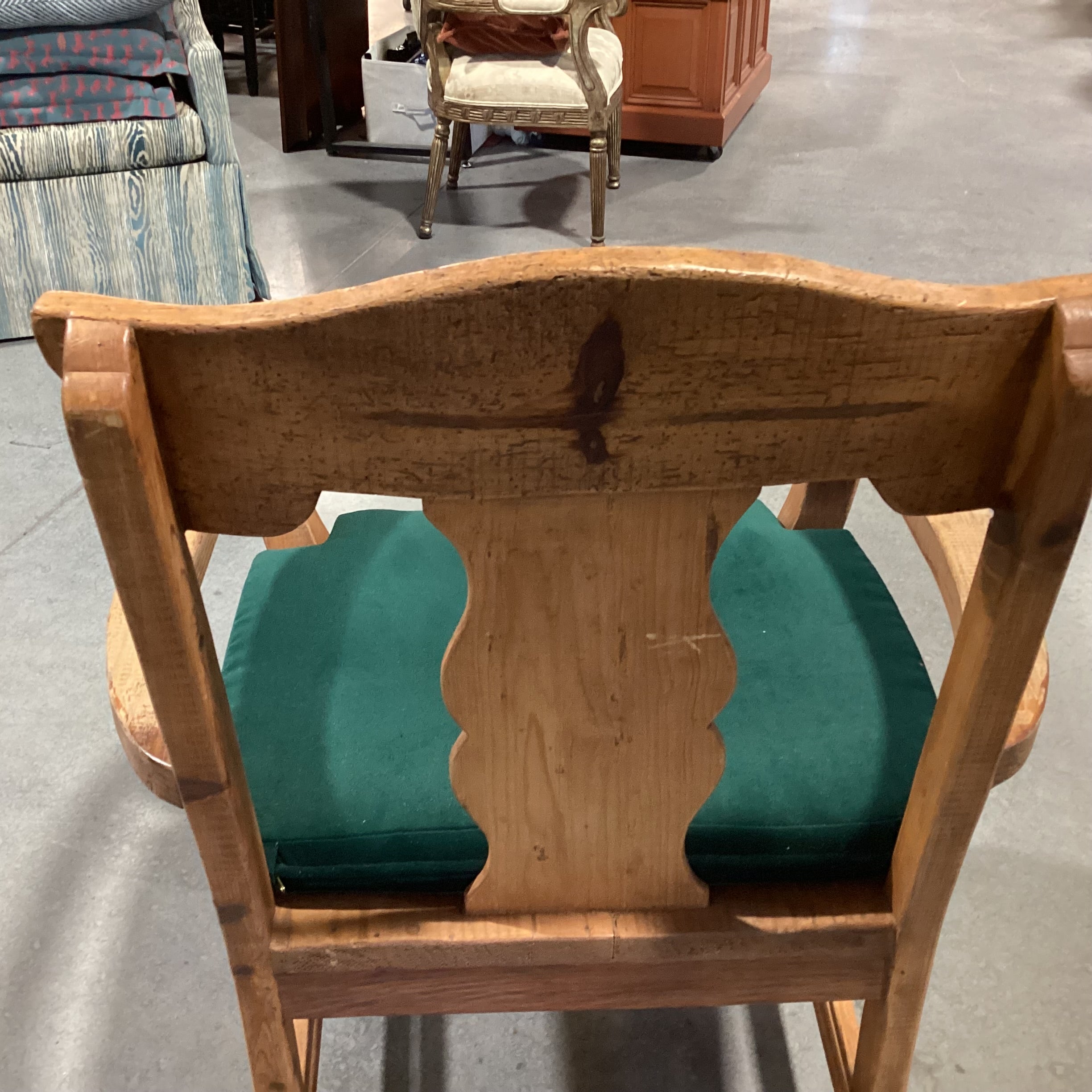 Vintage Natural Carved Wood with Green Cushion Chair 30"x 27"x 41"