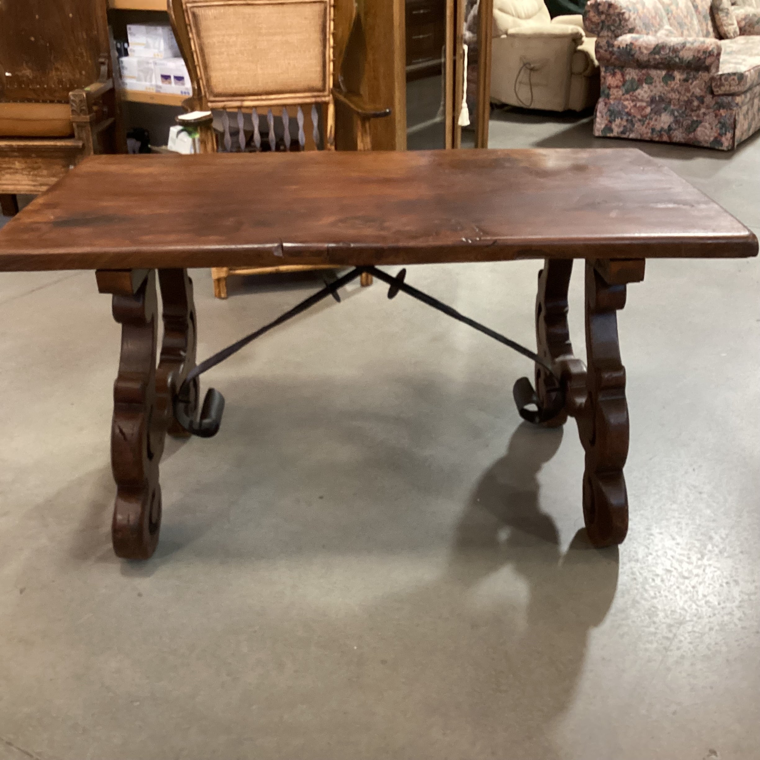 Vintage Antique Solid Wood Carved Side Legs & Iron Stetchers Trestle Accent Table 55"x 31"x 29"