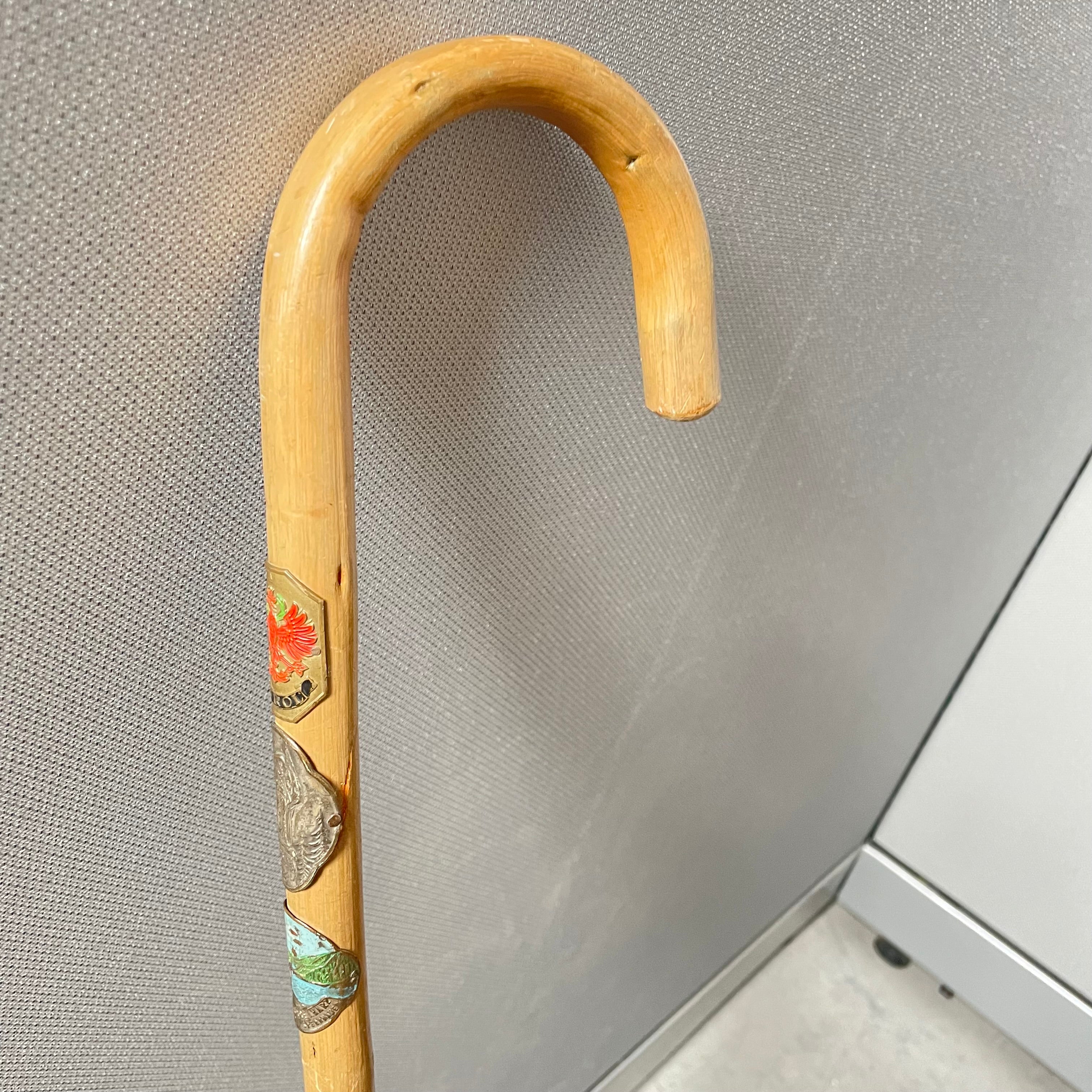 Antique German Wooden Hiking Cane with 6 Badges, 35"