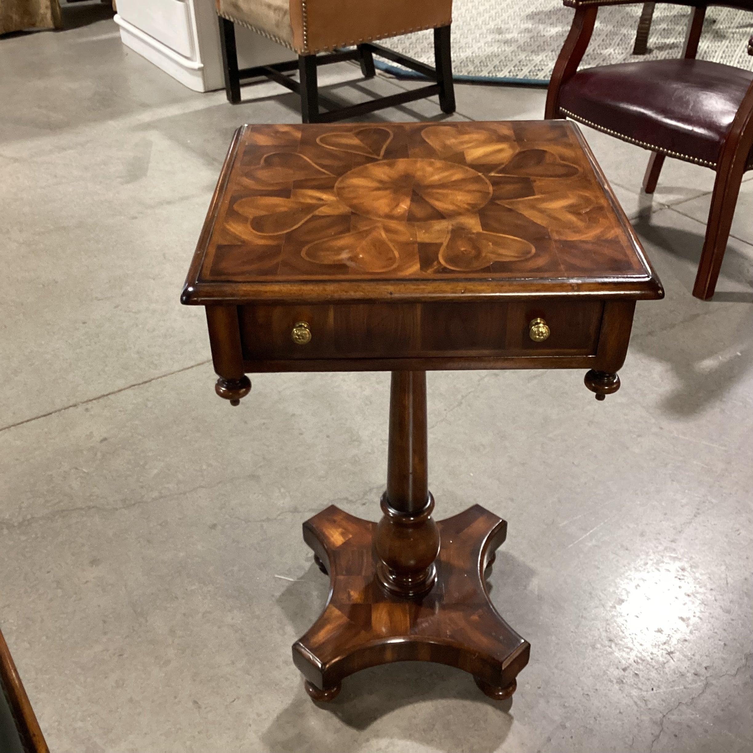 Set of 3 Theodore Alexander Carved Wood Inlay Heart Table & 2 Stool Ottomans Accent Table Set