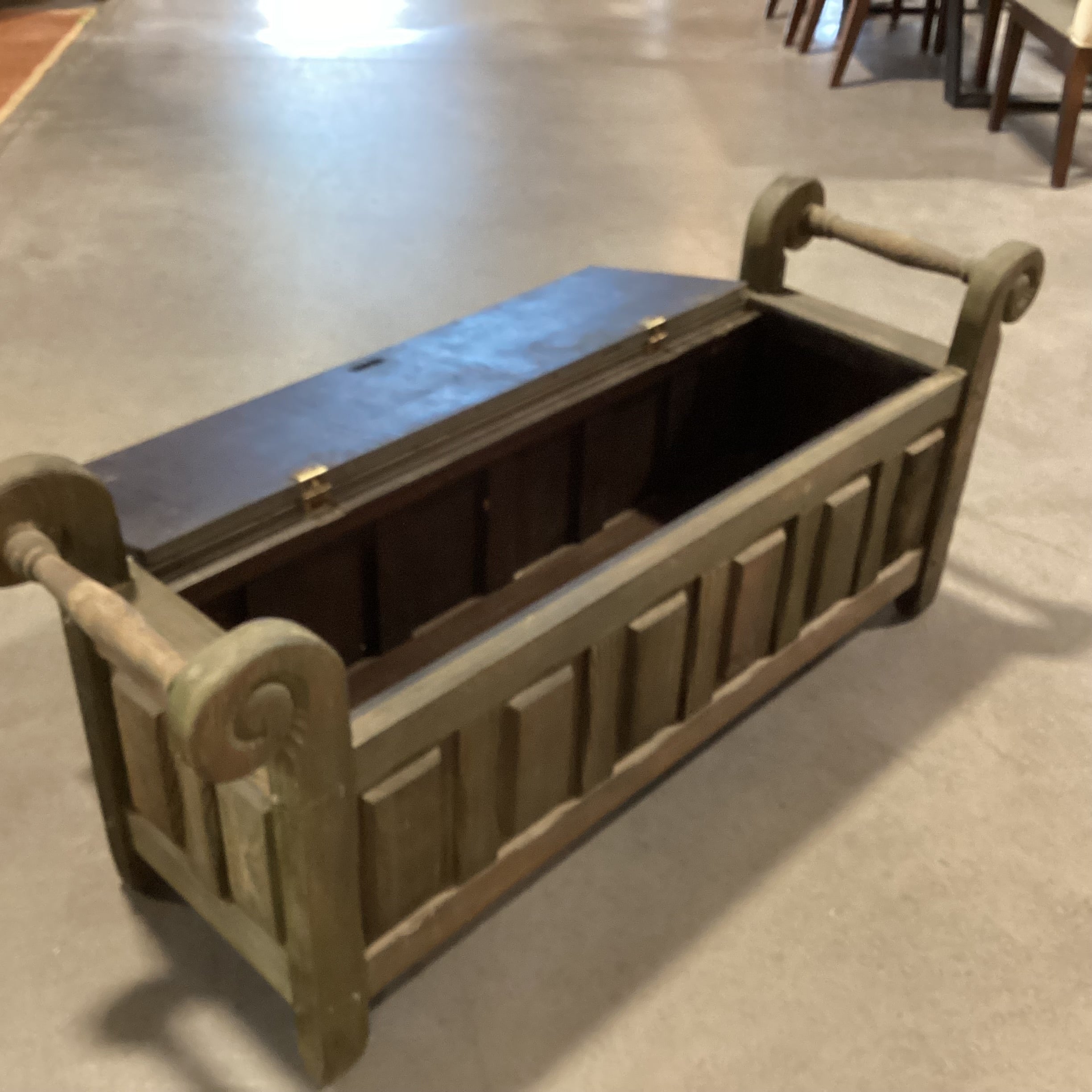 Vintage Green Washed Carved Oak & Gold Crushed Velvet Cushion Storage Bench 56"x 16.5"x 24"