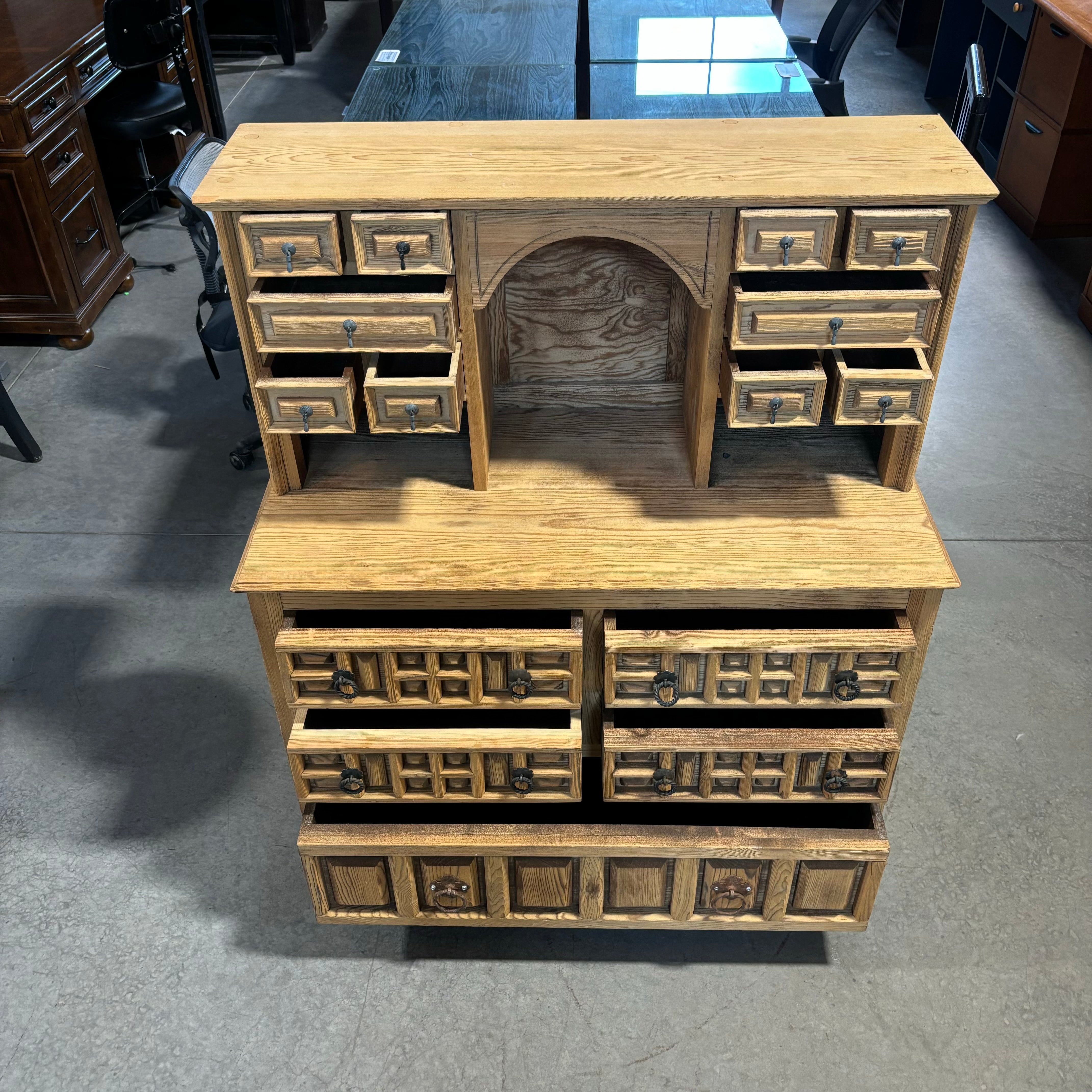 Natural Light Wood with Carved Detail & Iron Pulls 15 Drawer Hutch 40"x 20"x 27"