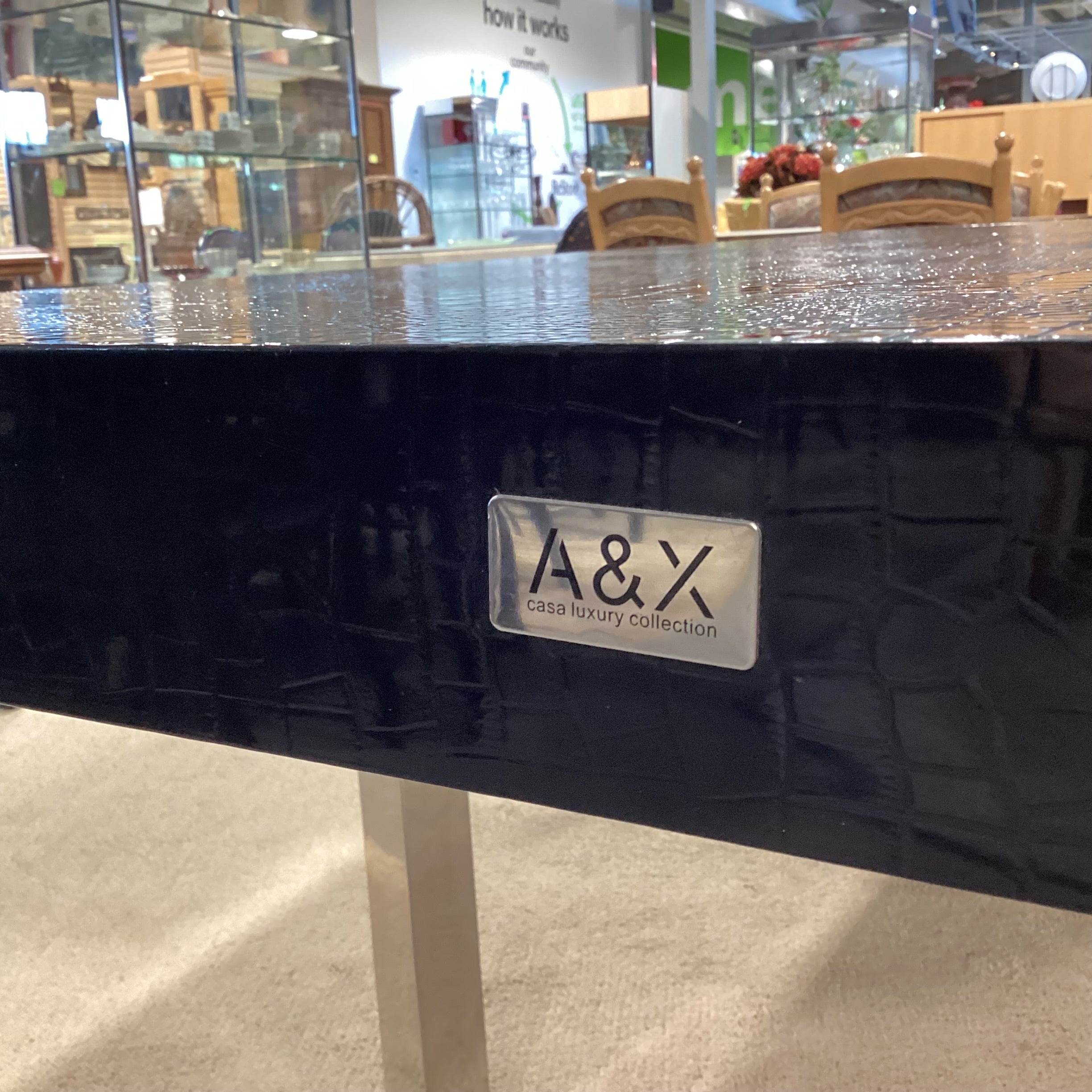 A & X Casa Luxury Collection Skyline Modern Black Krocodile Lacquer & Chrome 1 Leaf Dining Table 71" to 100.5"x 37"x 29"