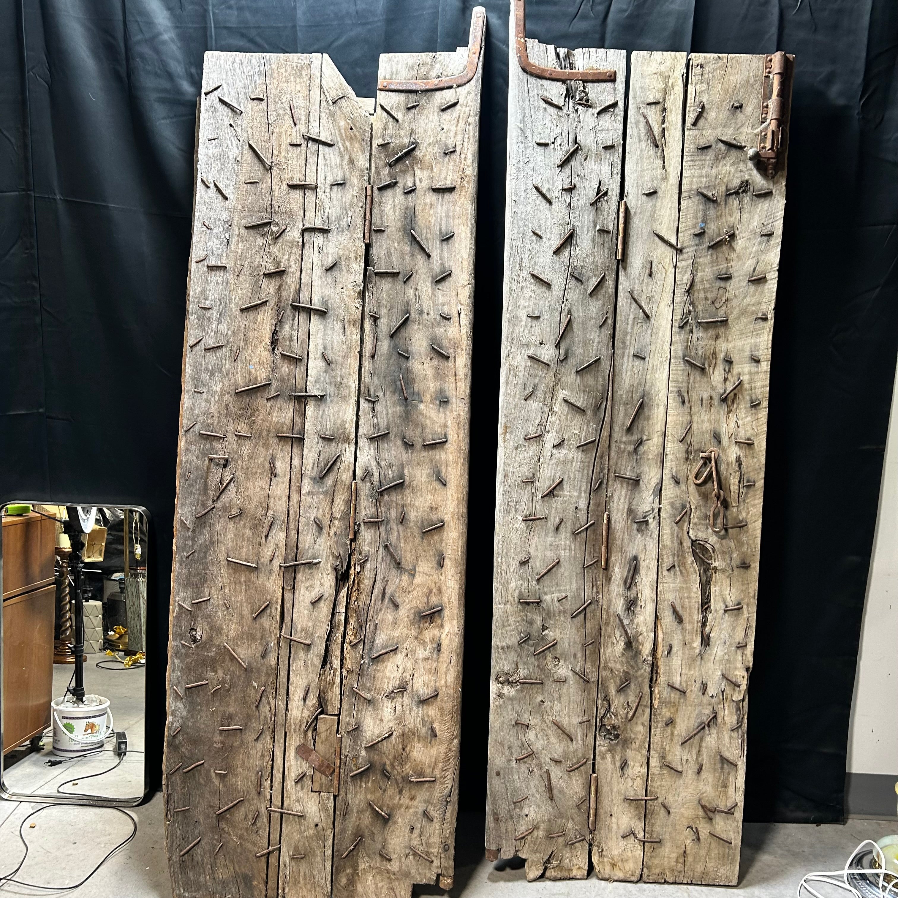 Antique Tibetan / Indian Hinged Gate Doors With Iron & Copper Hardware 30.5"x 92" Each Door