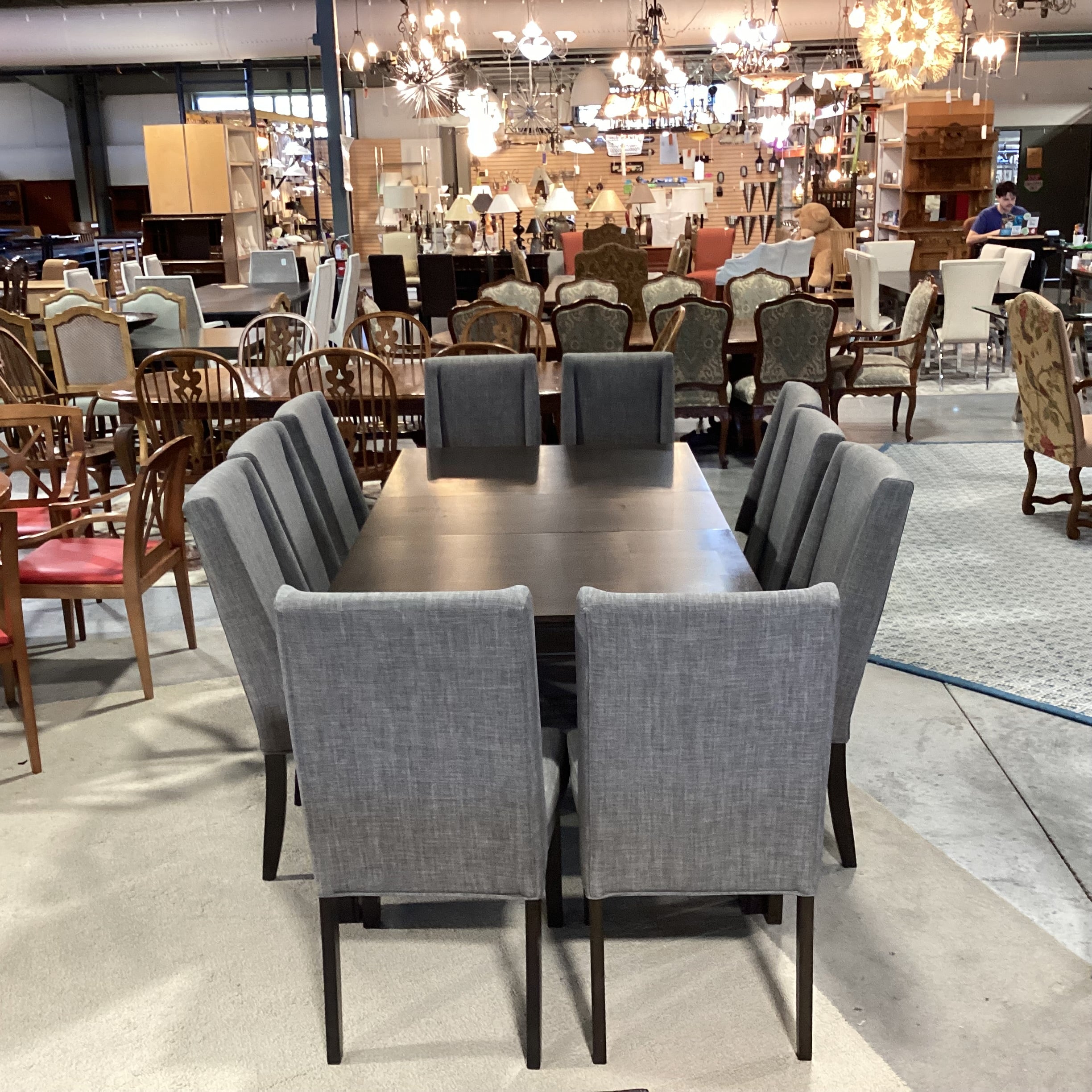 Dark Finish Wood & Veneer 1 Leaf Table & 10 Grey Woven Chairs Dining Set 78"x 42"x 30"