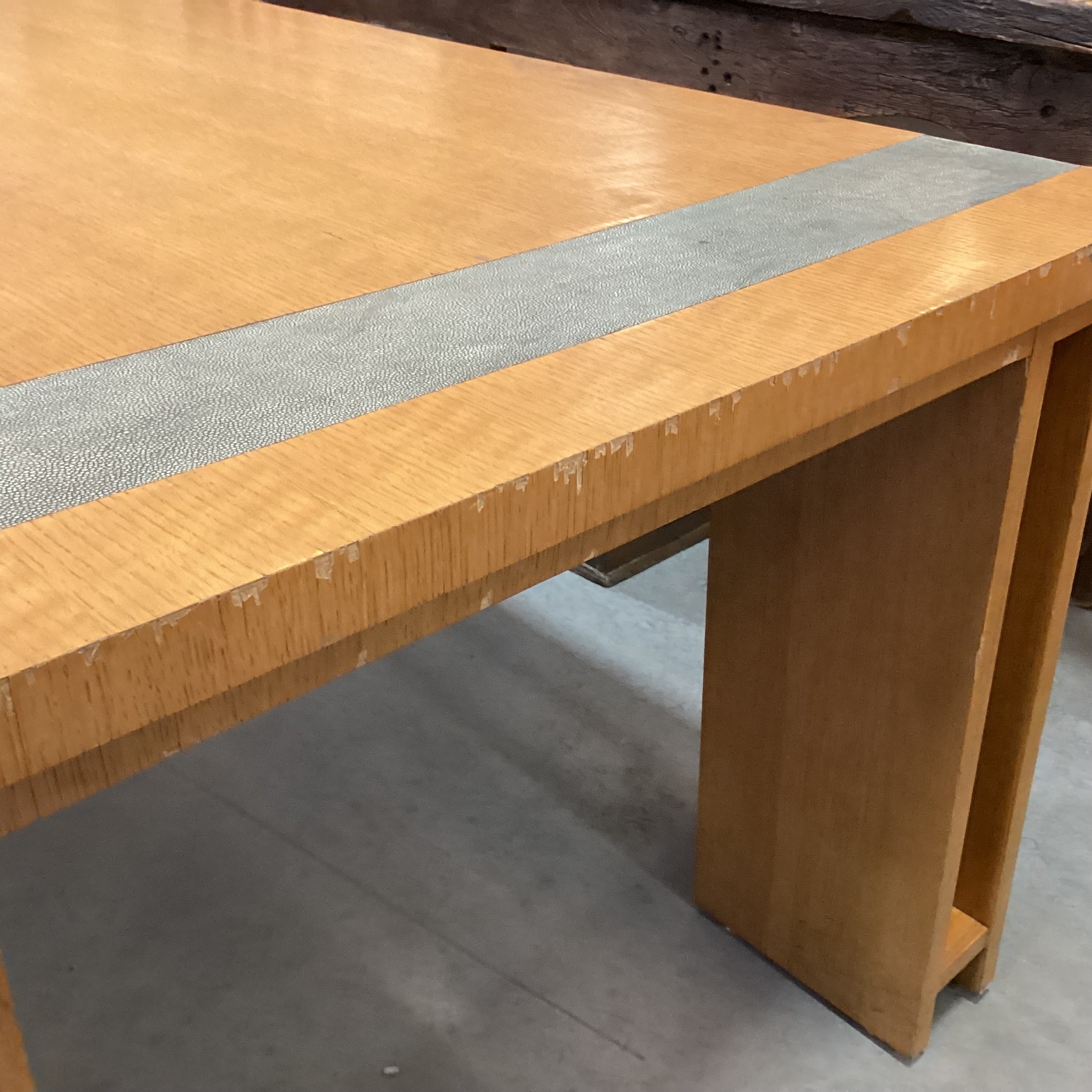 Custom Oak Veneer & Faux Shagreen End Detail Dining Table 102"x 38"x 30"