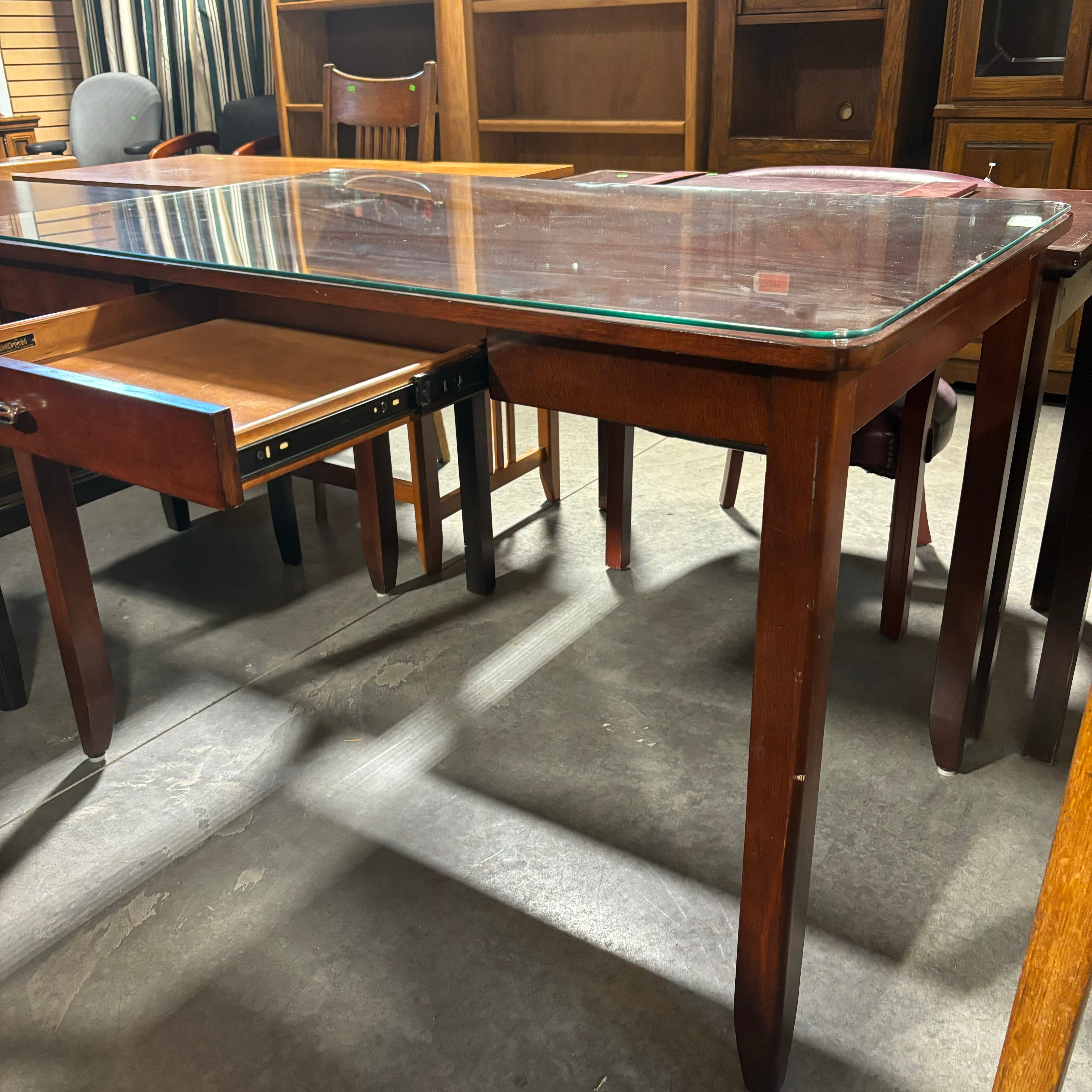 Indon Reddish Brown Finish Solid Wood with Center Pullout & Glass Top Desk 48"x 30"x 32"