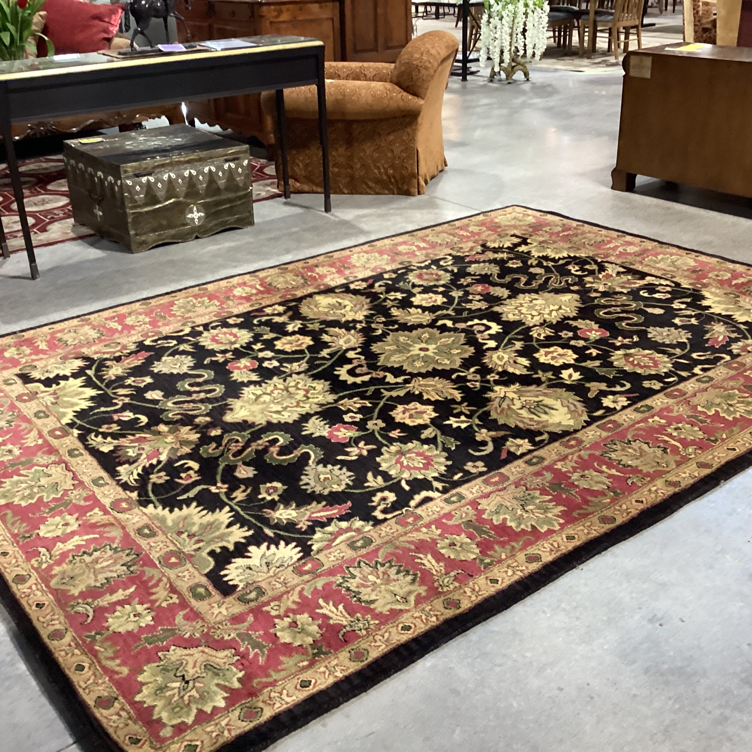 Black Gold & Red Floral Wool Rug 7'10"x 10'11"
