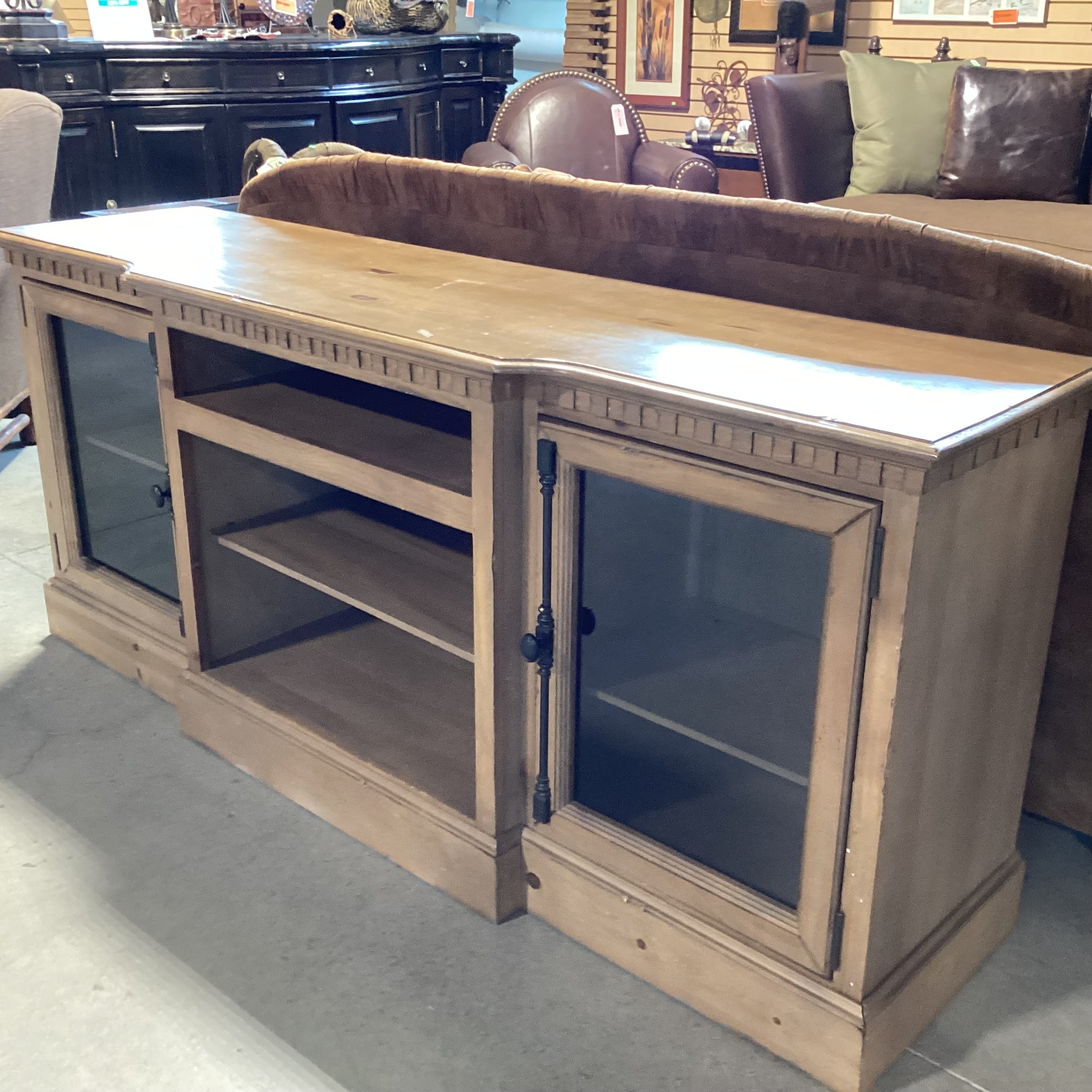 Light Greige Distressed Pine 2 Glass Door with Shelves Console Credenza 74"x 20"x 32.5"