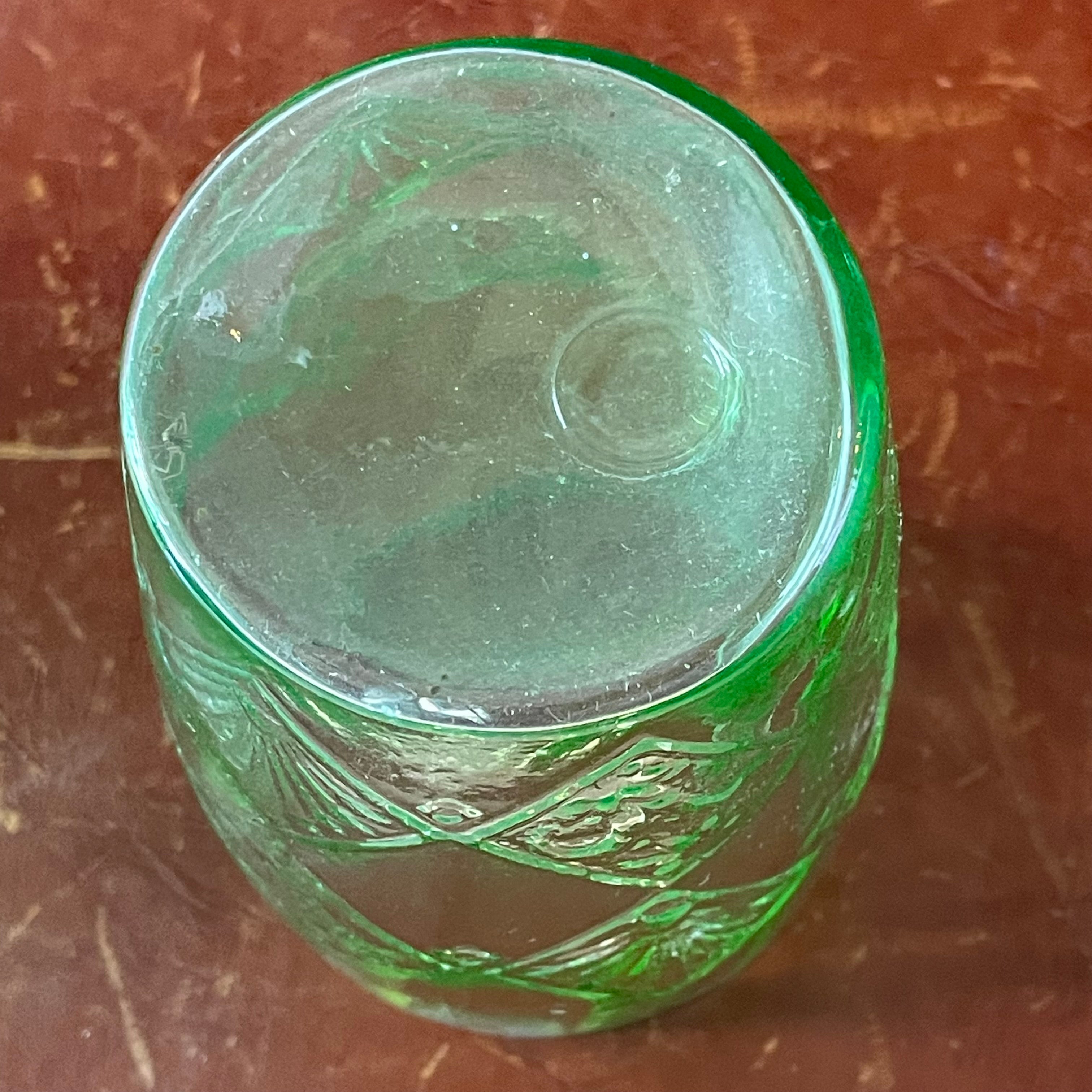 Set of 5 Pieces Vintage Anchor Hocking Fan & Flower Green Uranium Glass Pitcher with 4 Glasses, 1930's