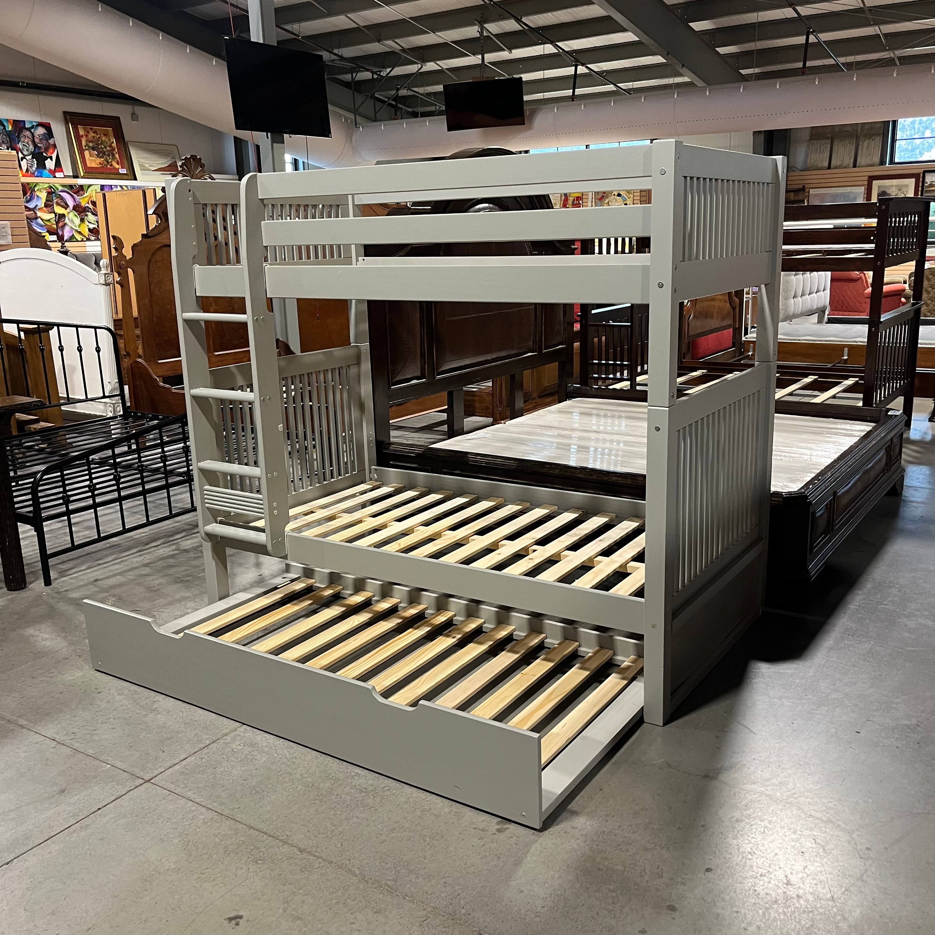 Twin Over Twin Grey Solid Wood Bunk Bed Set with Trundle Bed 80"x 42.5"x 69.5"