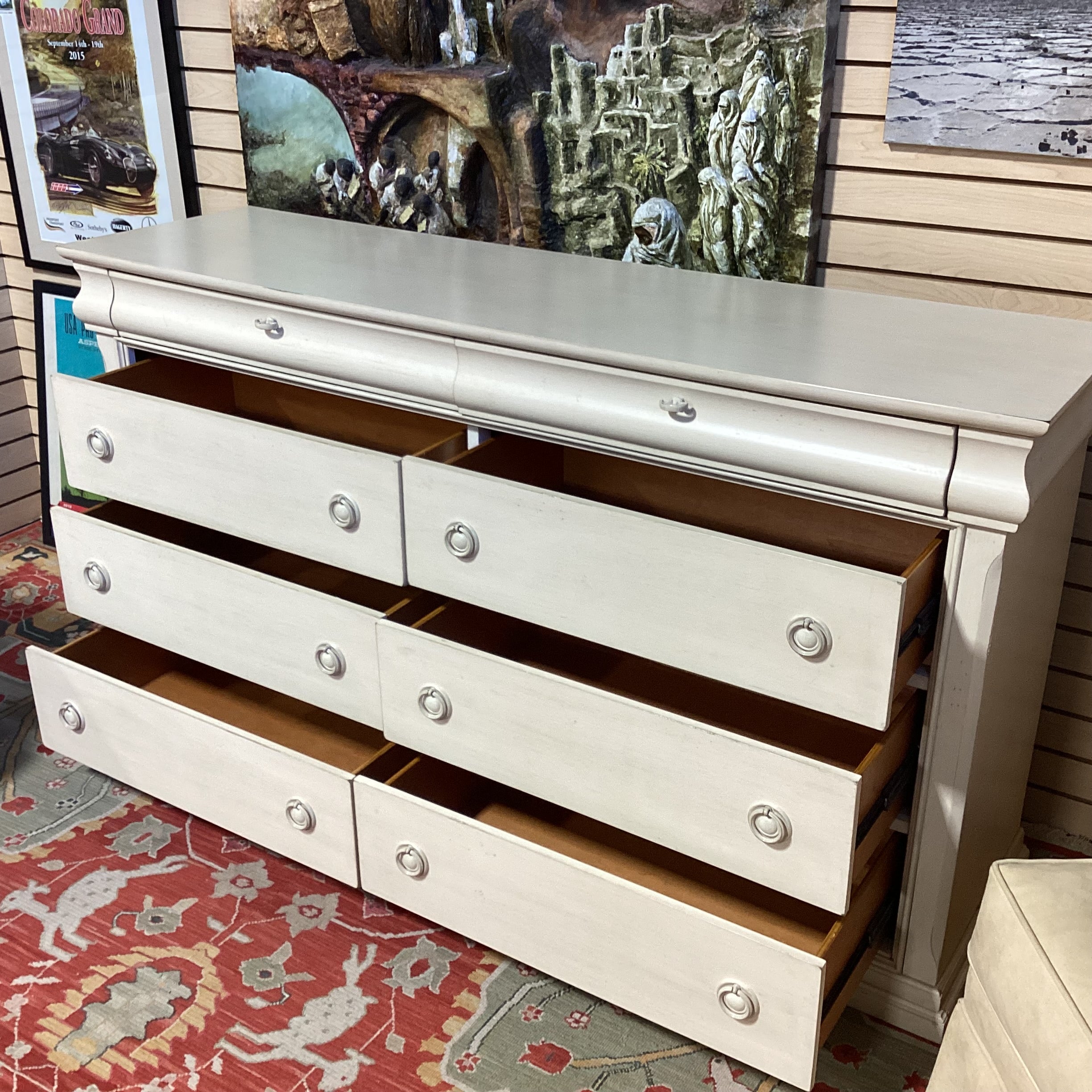 Liberty Furniture Antiqued Cream Wood 8 Drawer Dresser 64"x 18"x 36"