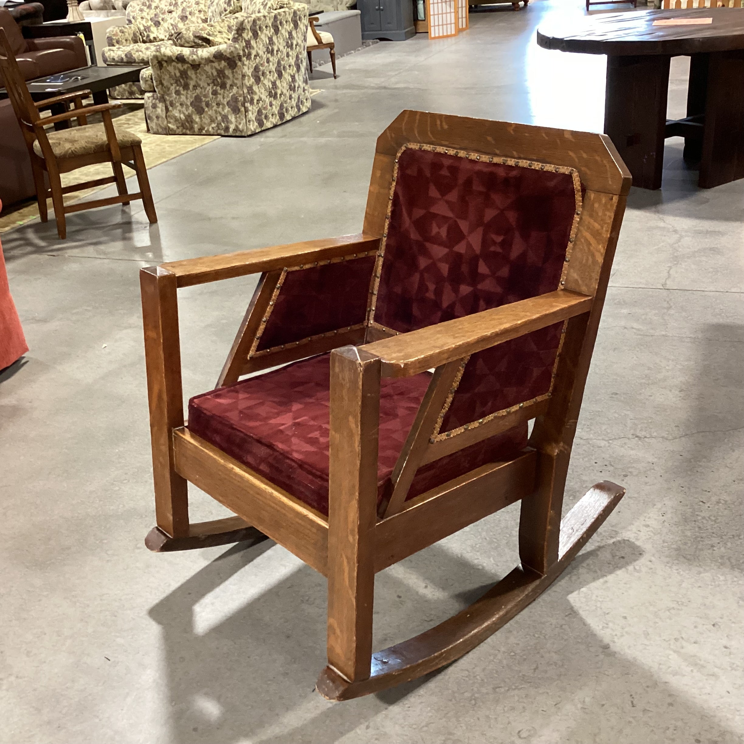 Antique Oak and Burgundy Velvet Nailhead Rocking Chair 29”x 36”x 37”