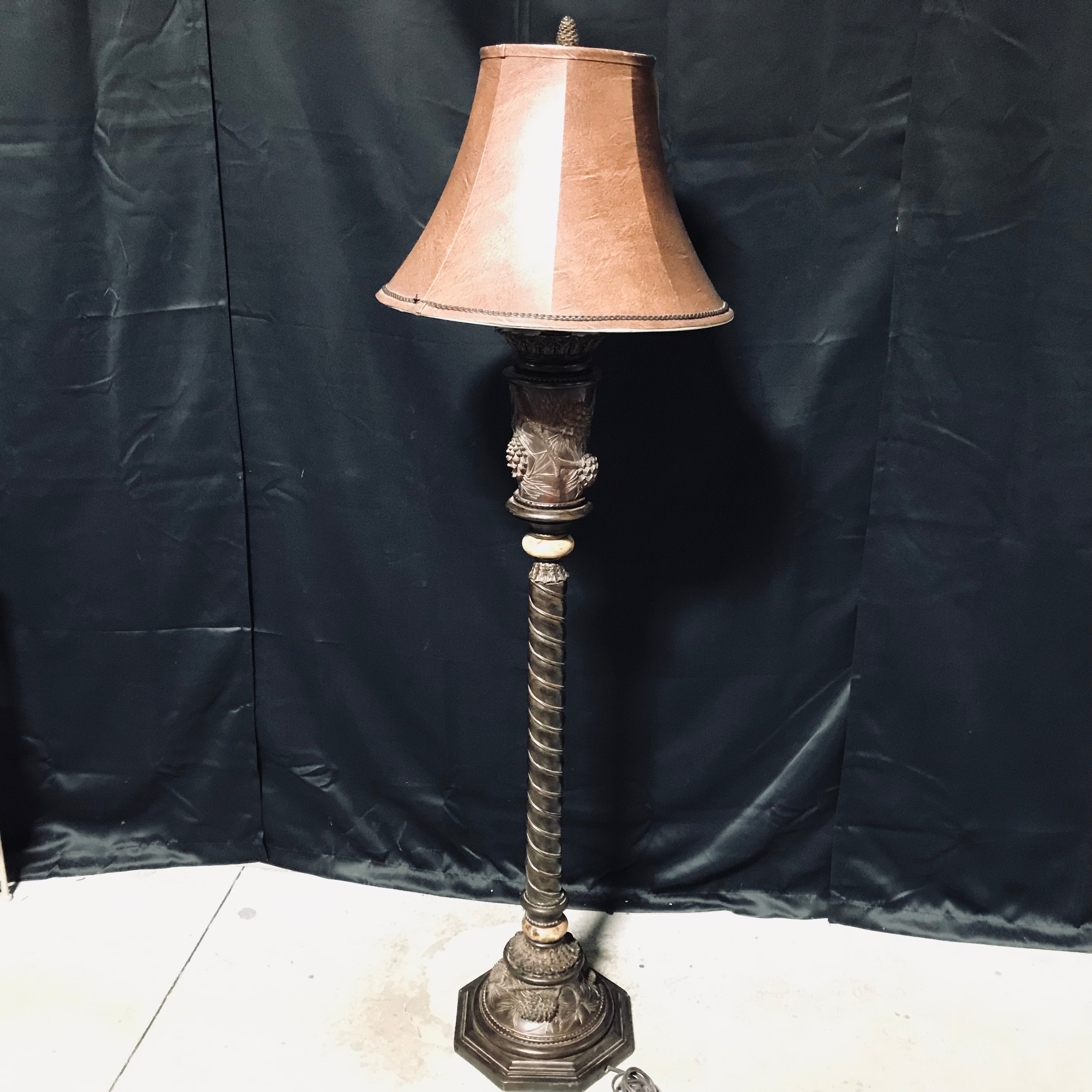 Wood Carved Bronze Colored With Brown Shade Floor Lamp, Base 11" Height 63"