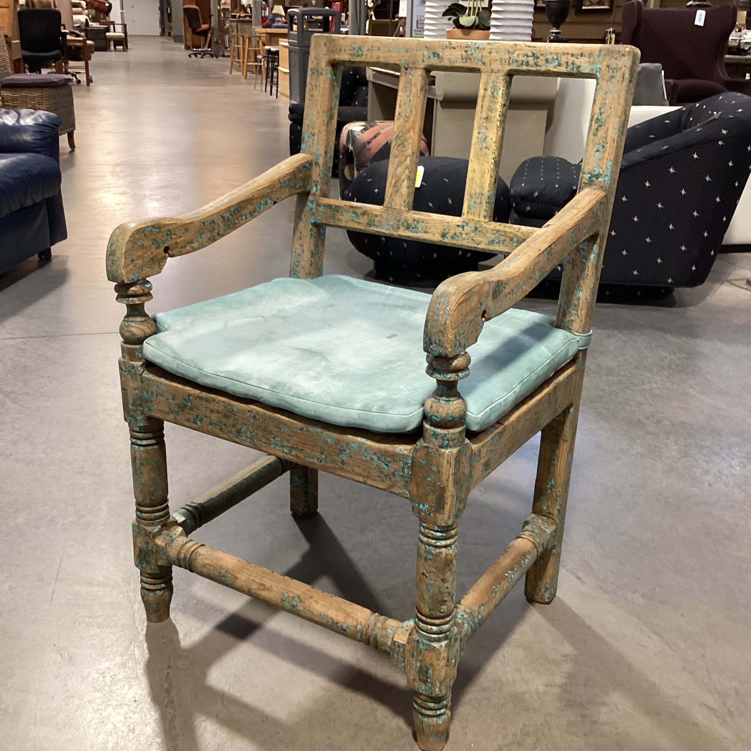 Santa Fe Style Carved Wood with Teal Distressing & Leather Cushion Chair 22.5"x 22"x 37"