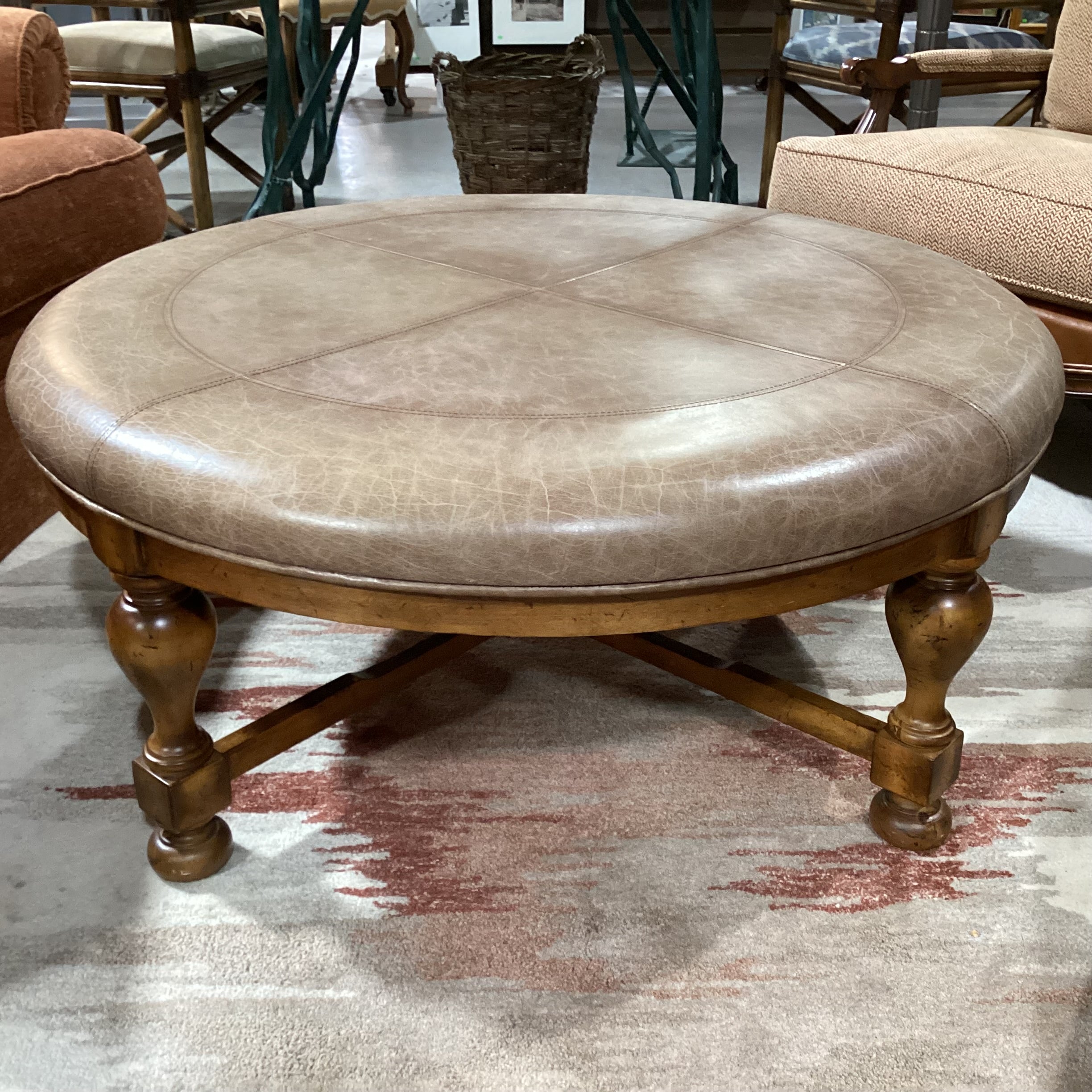 Carved Wood & Distressed Leather Round Ottoman 45" Diameter x 19.5"