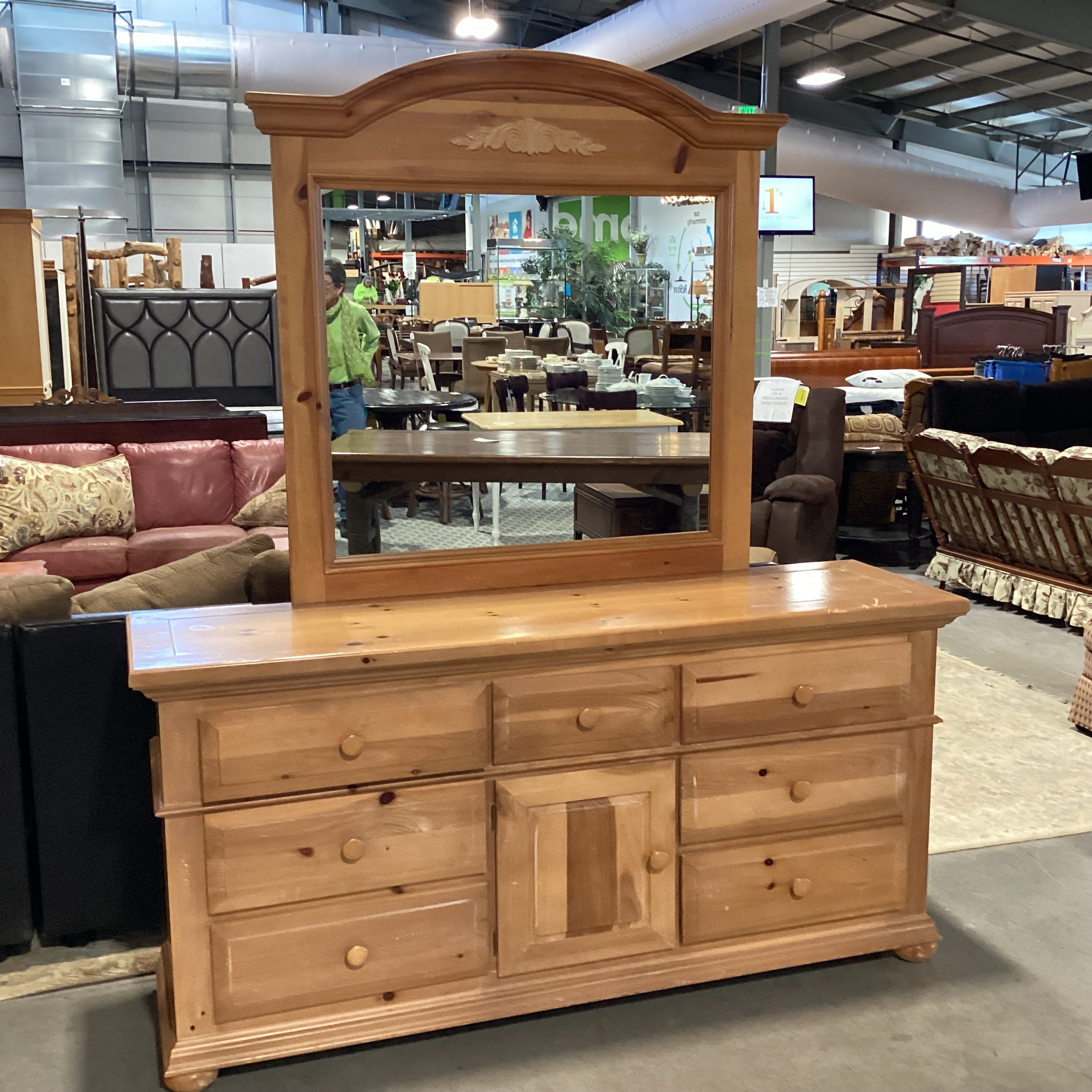 Bassett Distressed Light Pine 9 Drawer with Mirror Dresser 70"x 19"x 80"