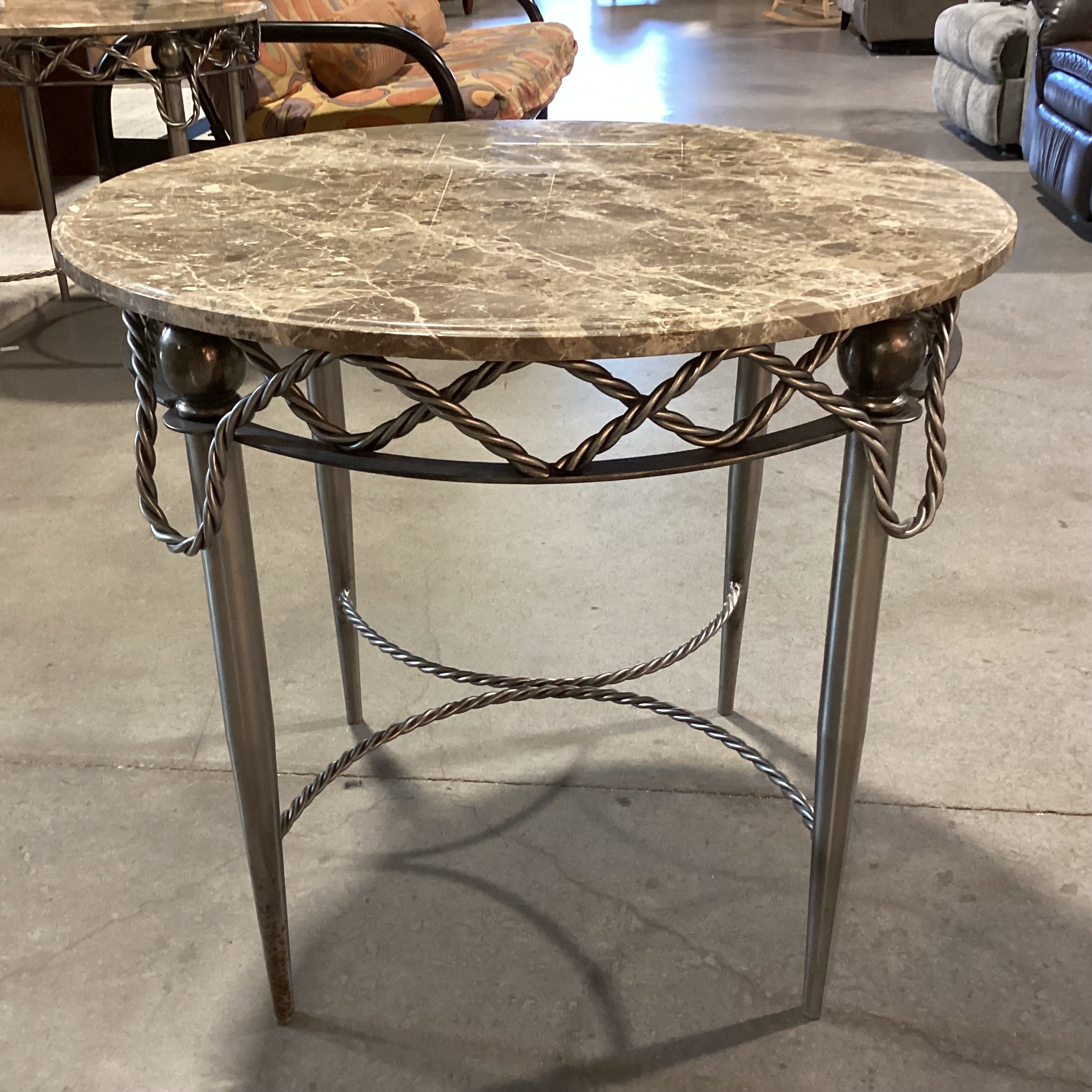 Yale R Burge Antiques Vintage Reproduction Steel Rope Design & Round Marble Top Accent Table 30" Diameter x 27"