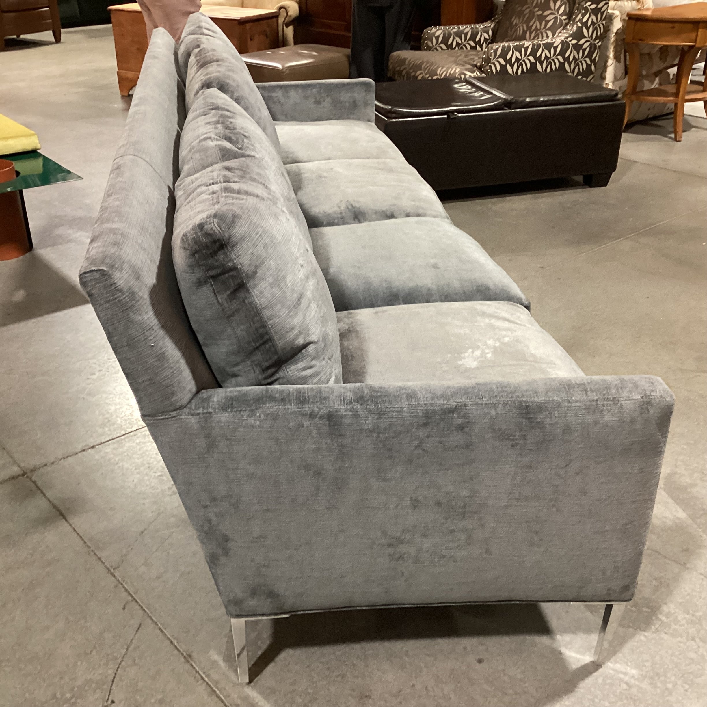 Lee Industries Custom Blue Grey Textured Velvet Down Mix & Chrome Modern Sofa 107"x 36"x 34"