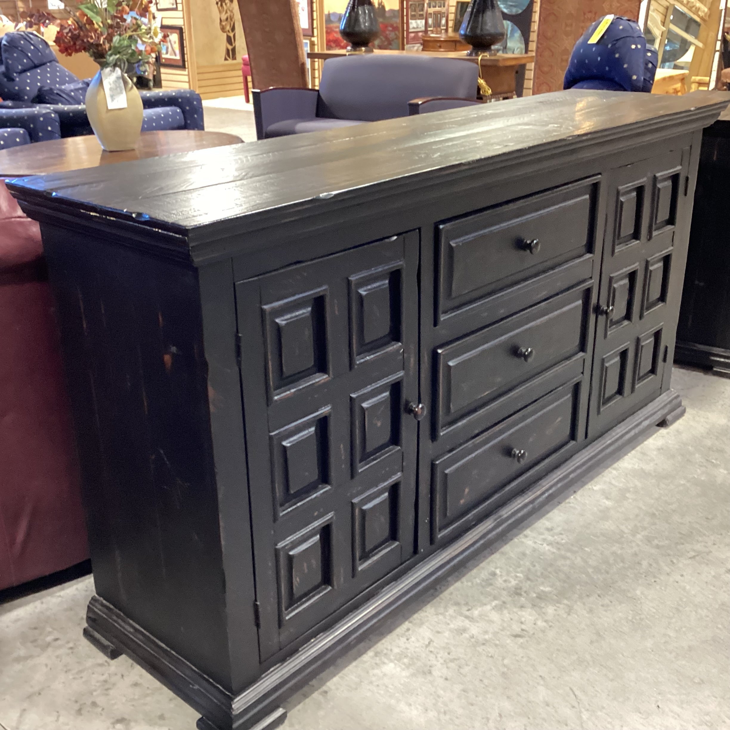 Black Distressed Wood 2 Door 3 Drawer Console Credenza 69"x 18.5"x 36"