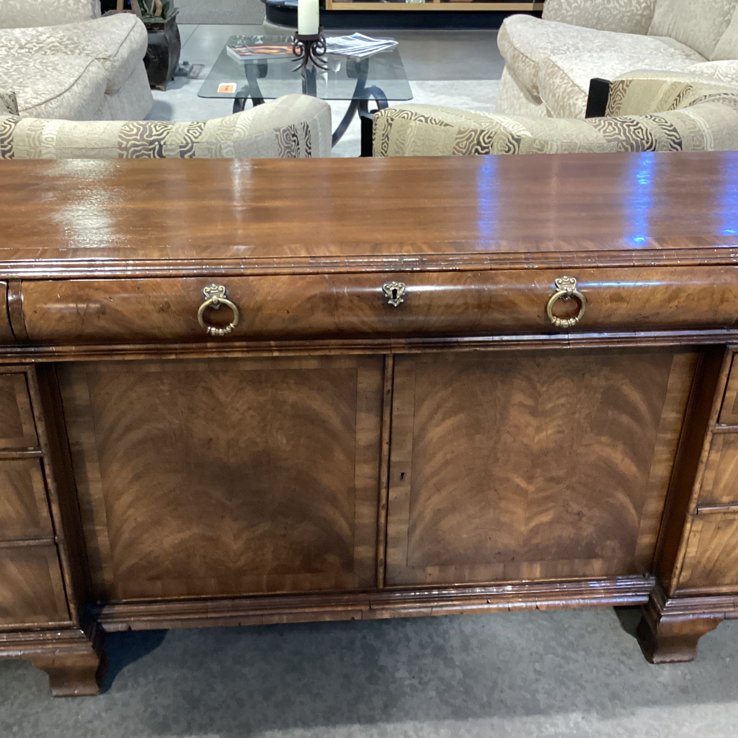 Alfonso Marina Ebanista Delaware Antiqued Primavera Wood & Brass 7 Drawer 2 Door Credenza 91.5"x 21"x 30.5"