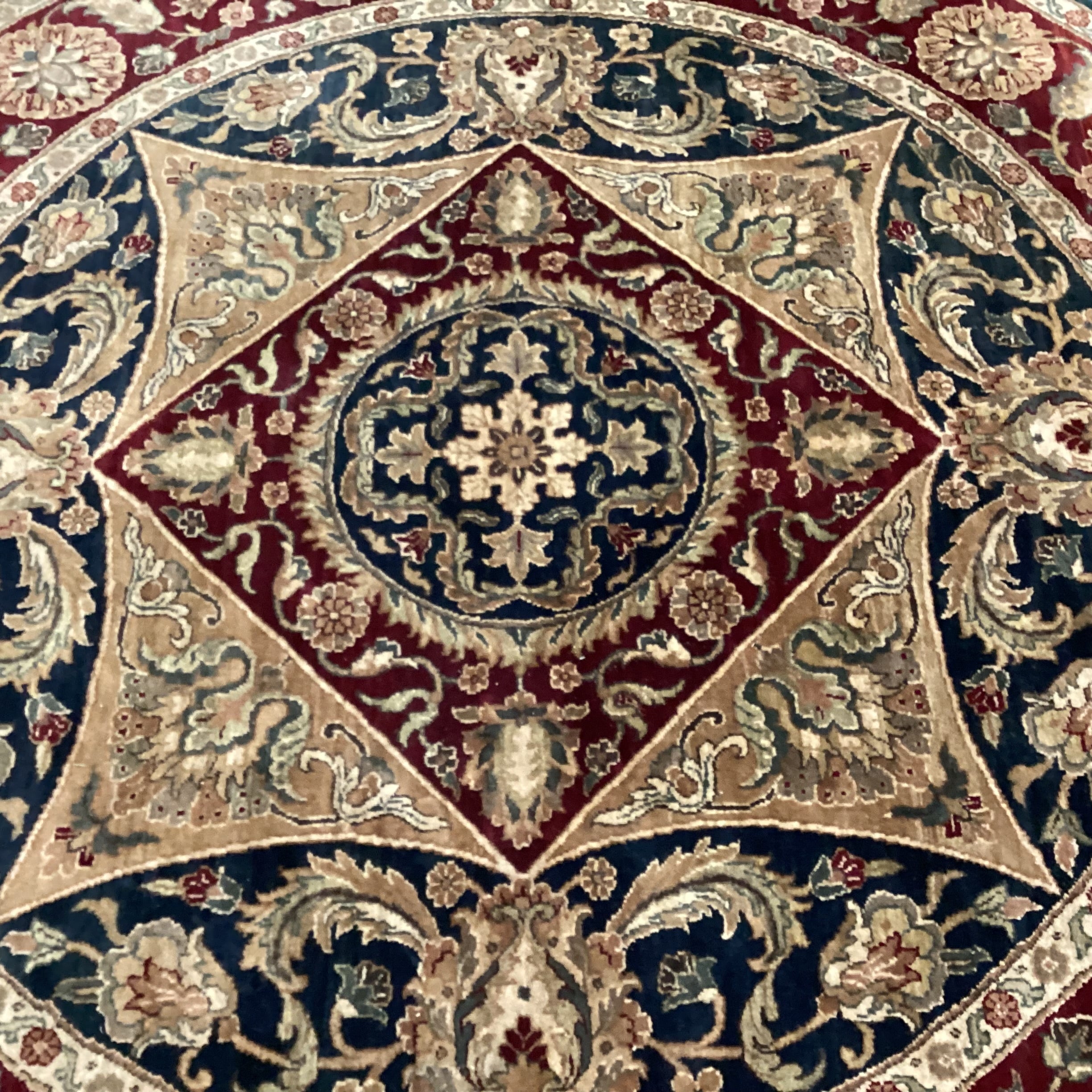 Red Blue Gold Round Hand Woven Wool Rug 8'3" Diameter