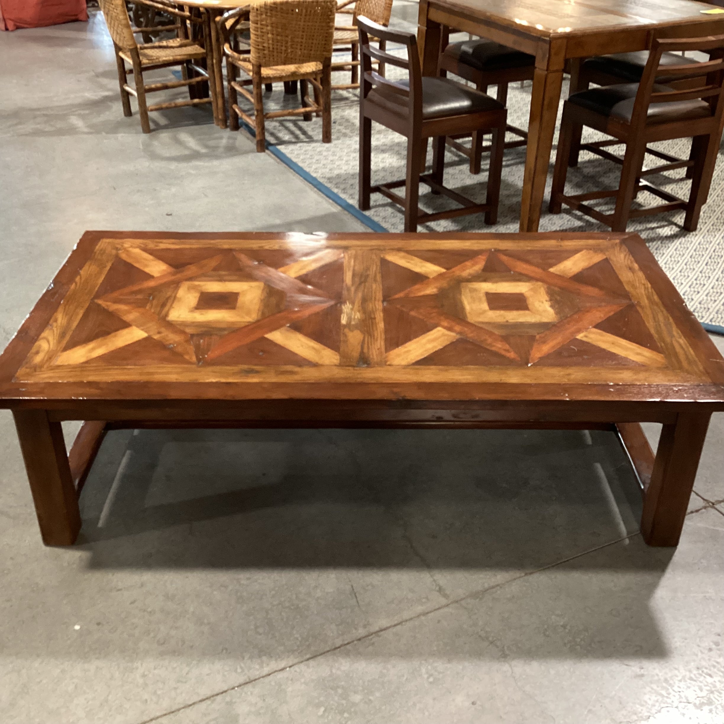 Rustic 2 Tone Finish with Inlay Design Top & Trestle Coffee Table 71.5"x 39.5"x 19.5"