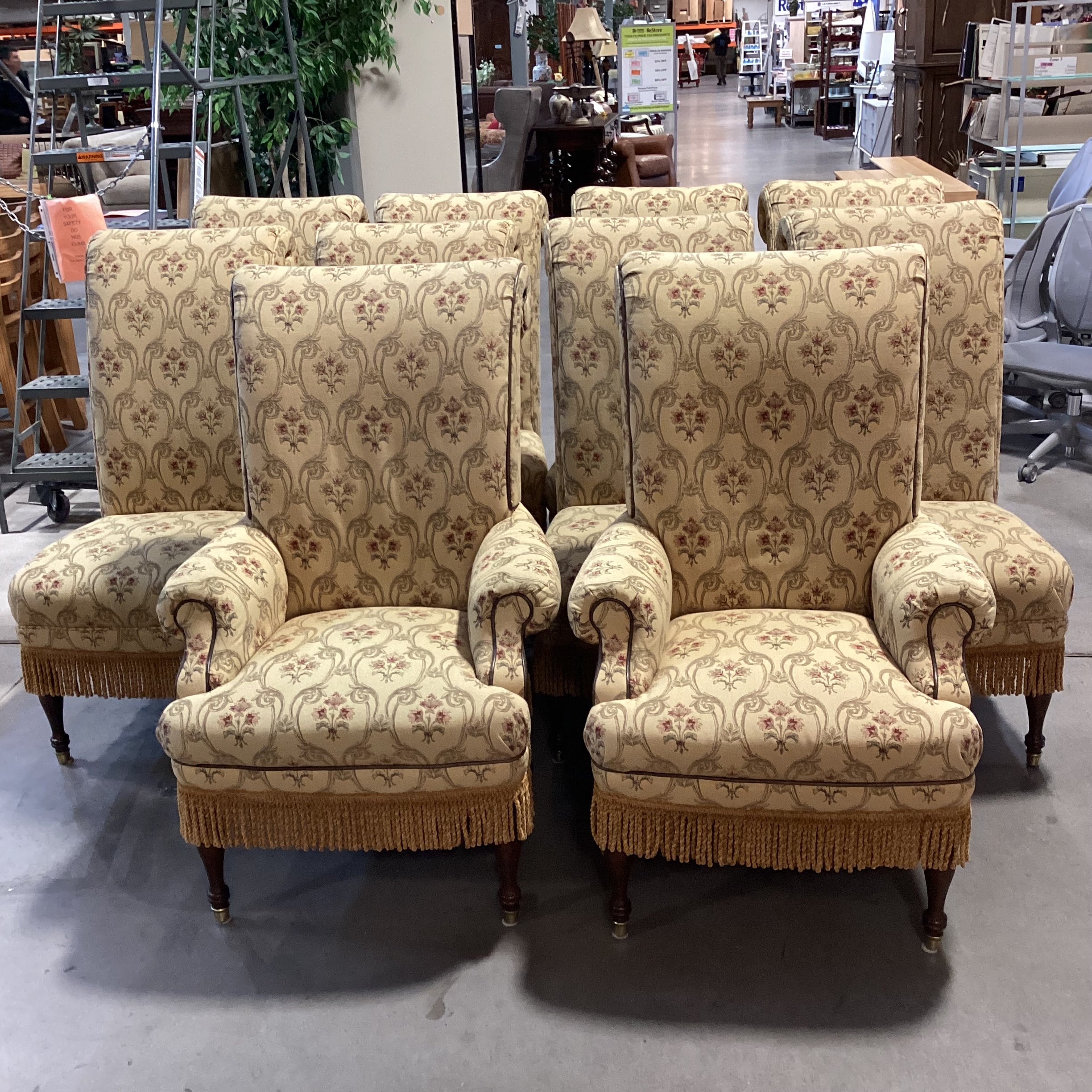 SET of 10 Custom Gold with Ornate Red Floral Leather & Fringe Roll Arm Back Dining Chairs 23"x 30"x 46"