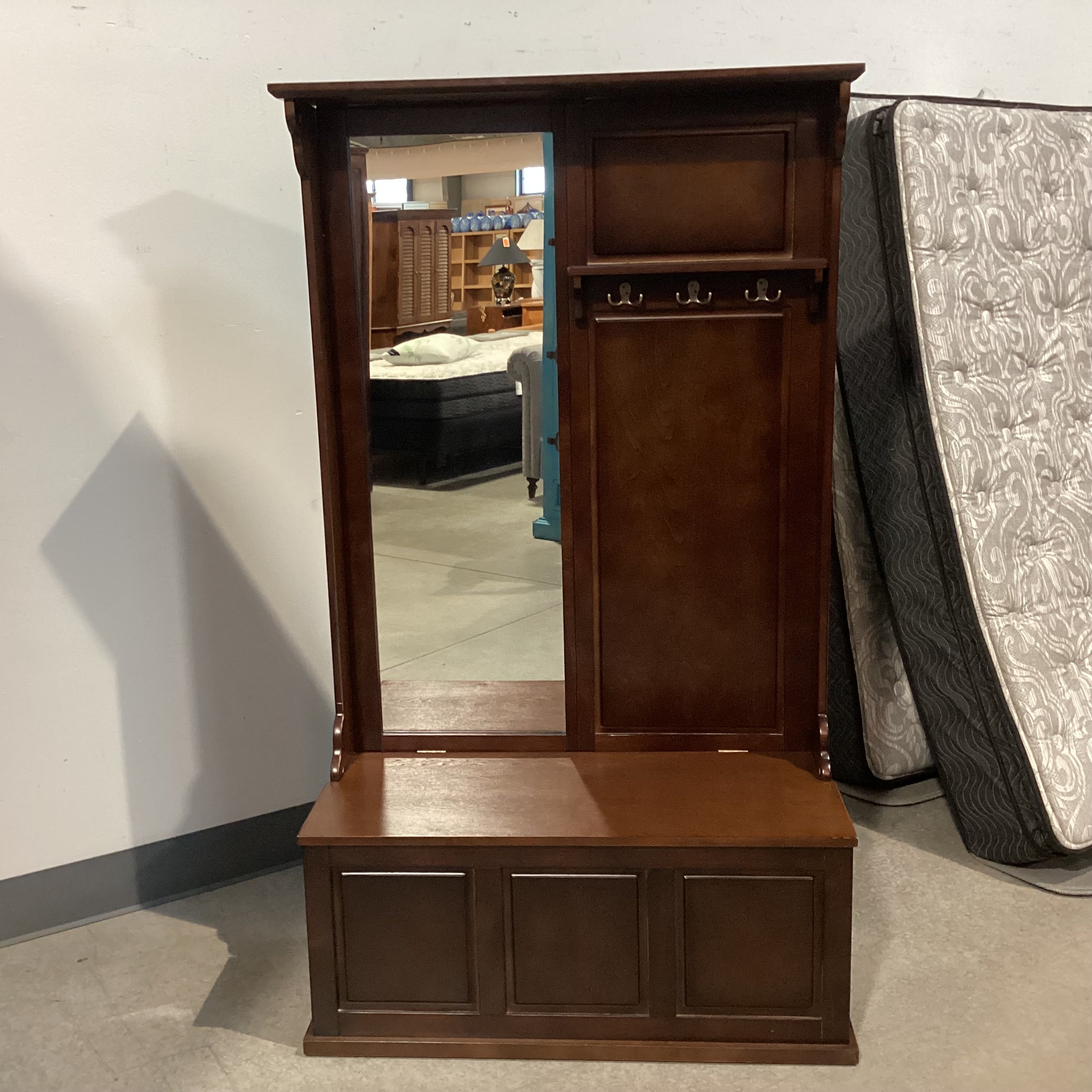 Dark Finish Wood with Mirror & Storage Hall Tree Bench 40"x 17"x 70"